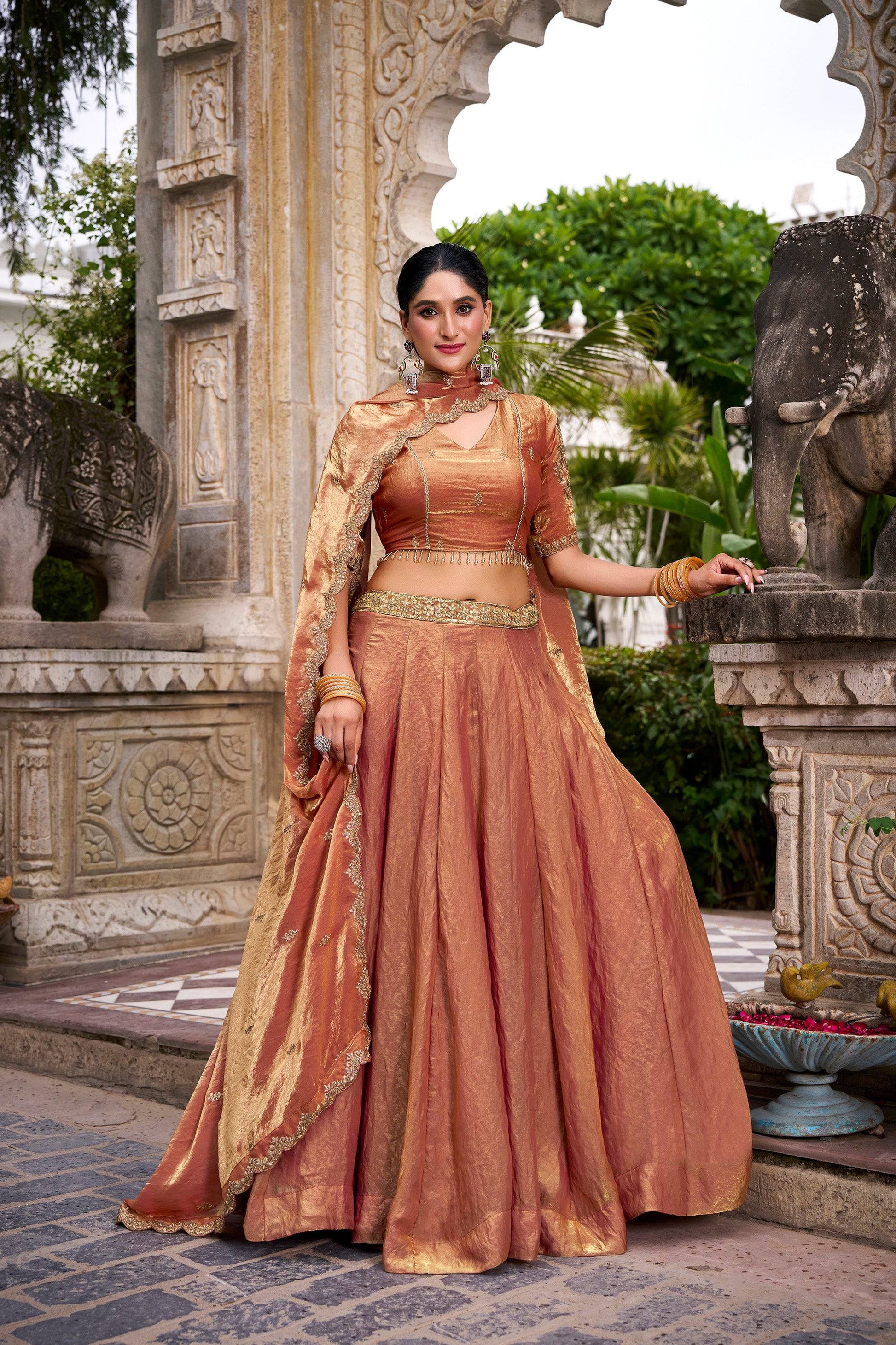 Lorenvalley Fashion Rosegold Fendi Silk Sequins and Thread Embroidery Work Belt Lehenga Choli with Dupatta - Swadesiicart