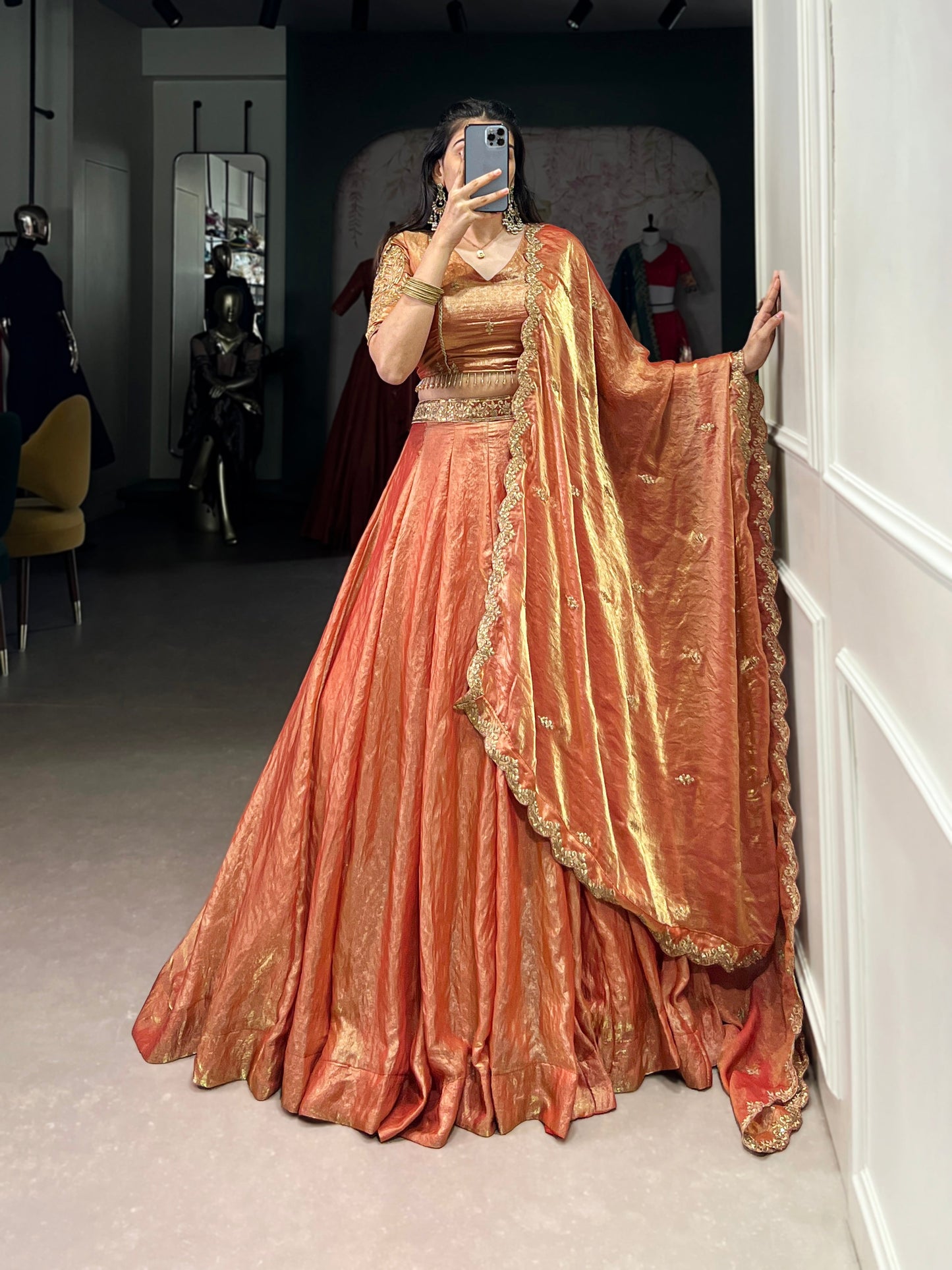 Lorenvalley Rosegold Fendi Silk Sequins and Thread Embroidery Work Belt Lehenga Choli with Dupatta | Swadesiicart