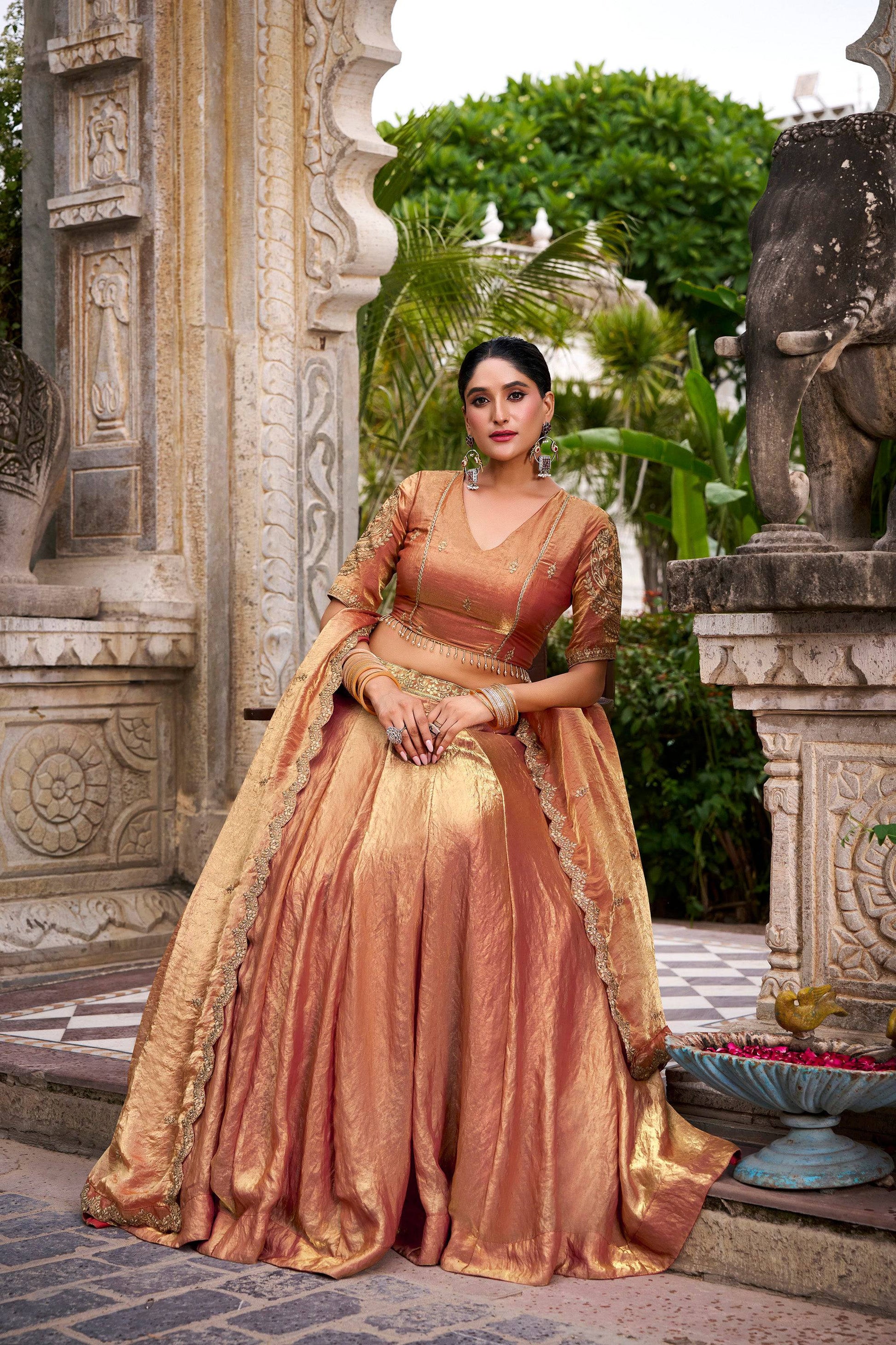 Lorenvalley Fashion Rosegold Fendi Silk Sequins and Thread Embroidery Work Belt Lehenga Choli with Dupatta - Swadesiicart
