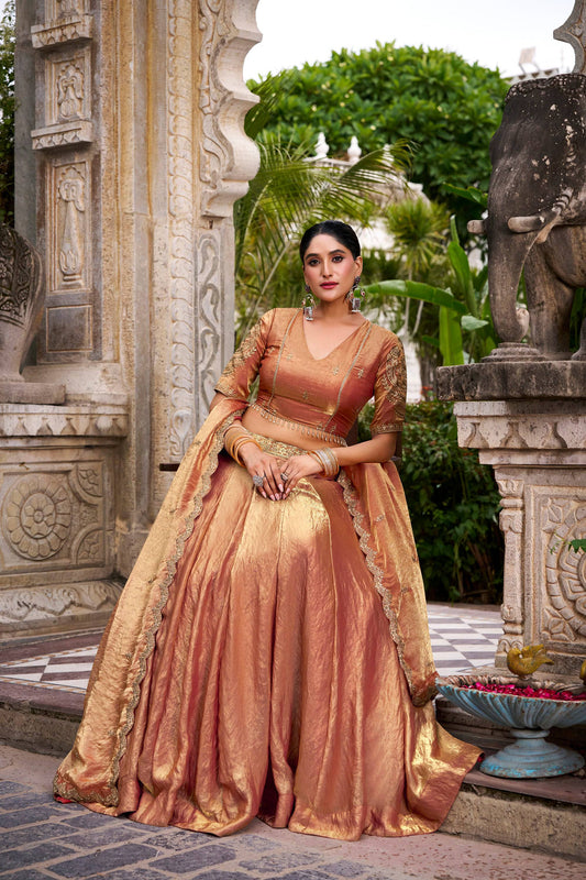 Lorenvalley Fashion Rosegold Fendi Silk Sequins and Thread Embroidery Work Belt Lehenga Choli with Dupatta - Swadesiicart