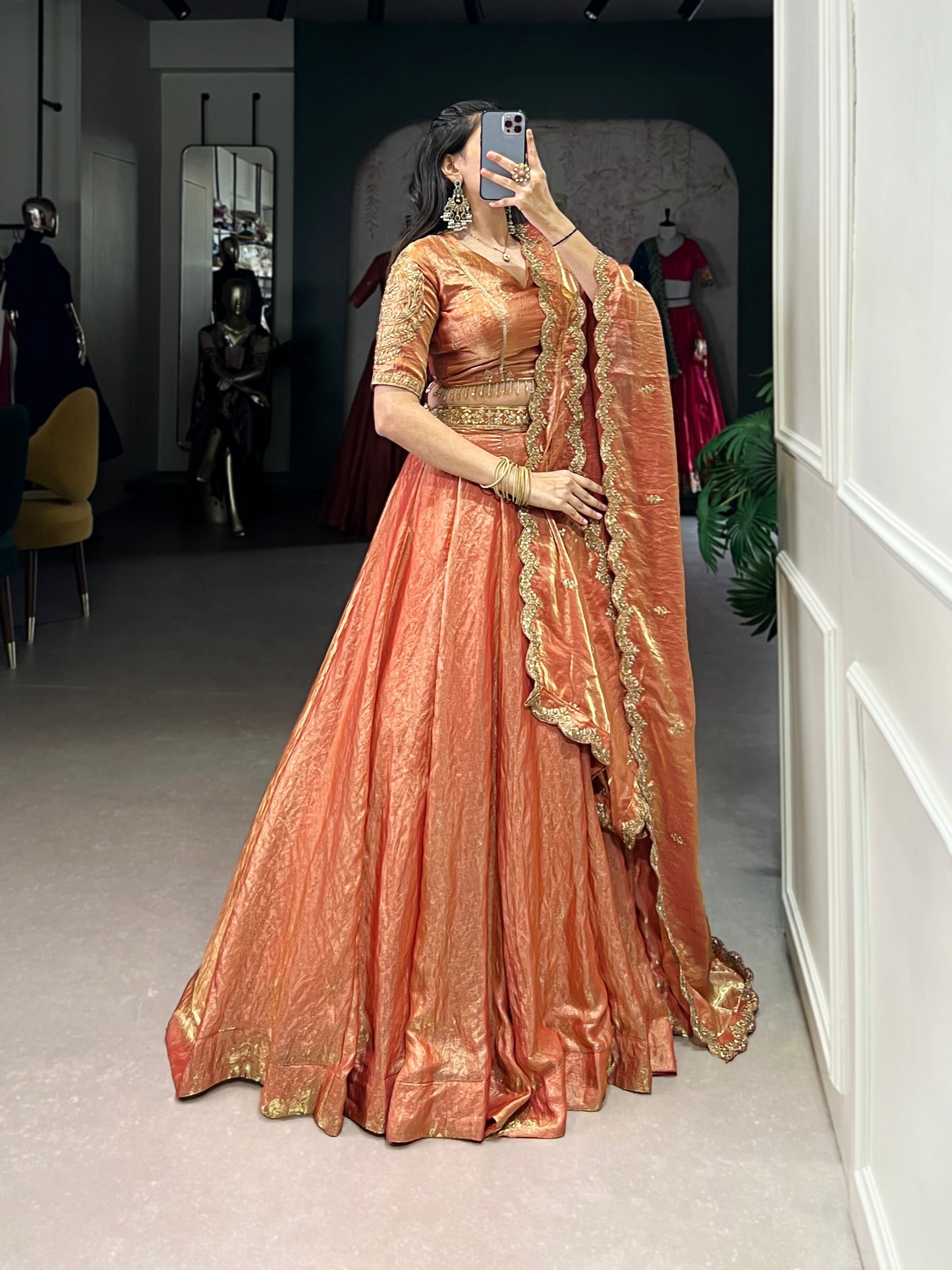 Lorenvalley Rosegold Fendi Silk Sequins and Thread Embroidery Work Belt Lehenga Choli with Dupatta | Swadesiicart