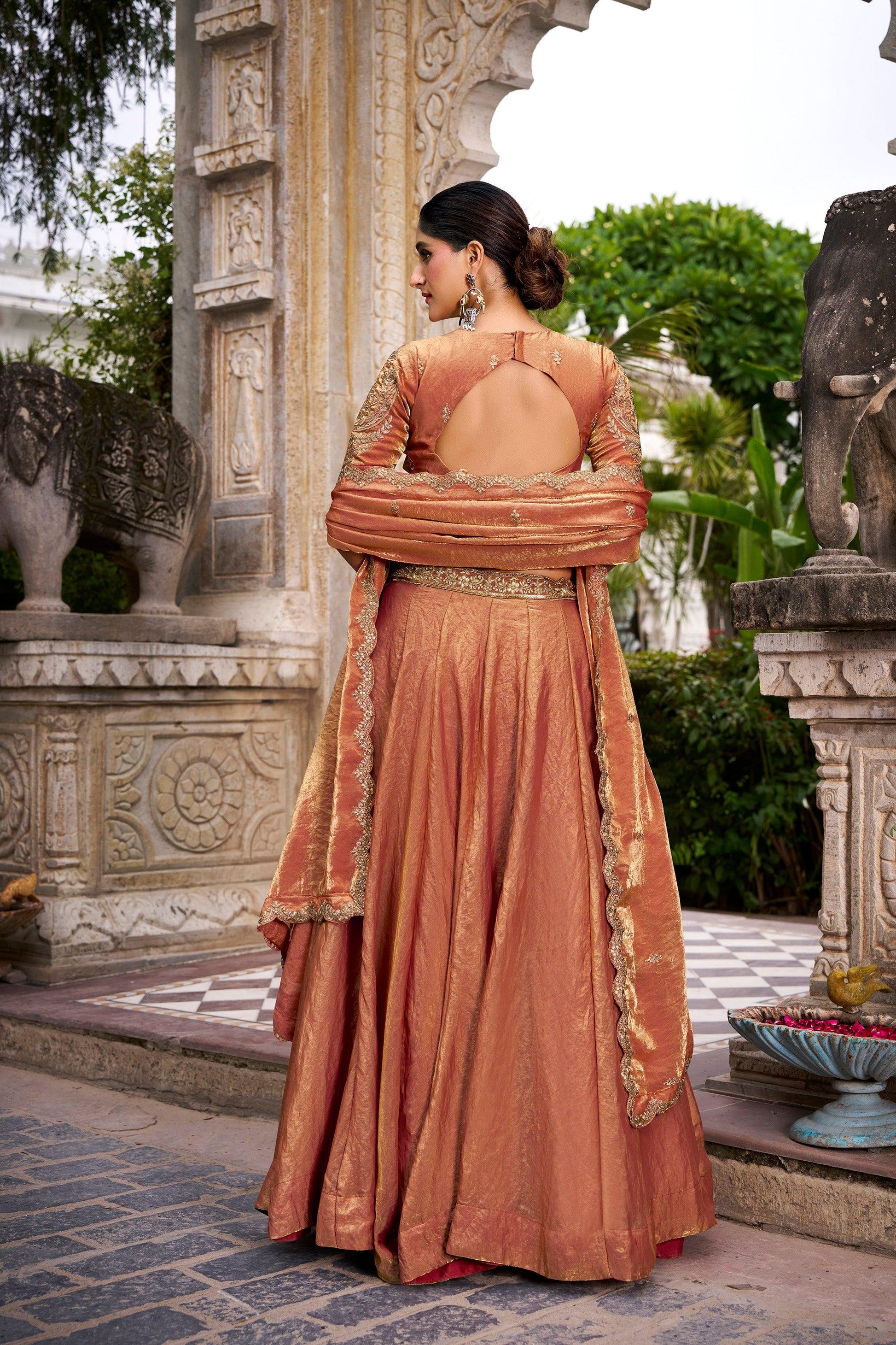 Lorenvalley Fashion Rosegold Fendi Silk Sequins and Thread Embroidery Work Belt Lehenga Choli with Dupatta - Swadesiicart