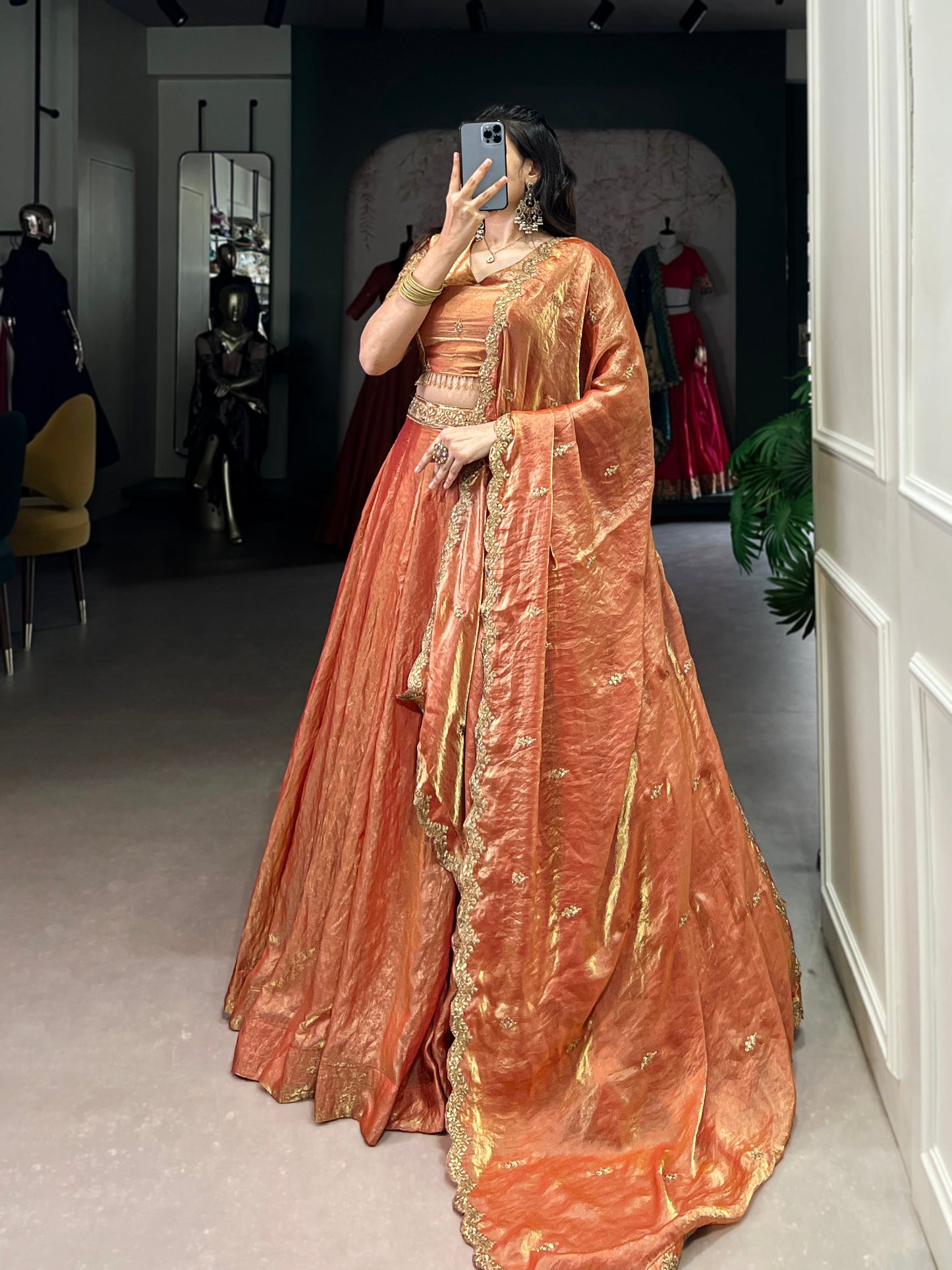 Lorenvalley Rosegold Fendi Silk Sequins and Thread Embroidery Work Belt Lehenga Choli with Dupatta | Swadesiicart