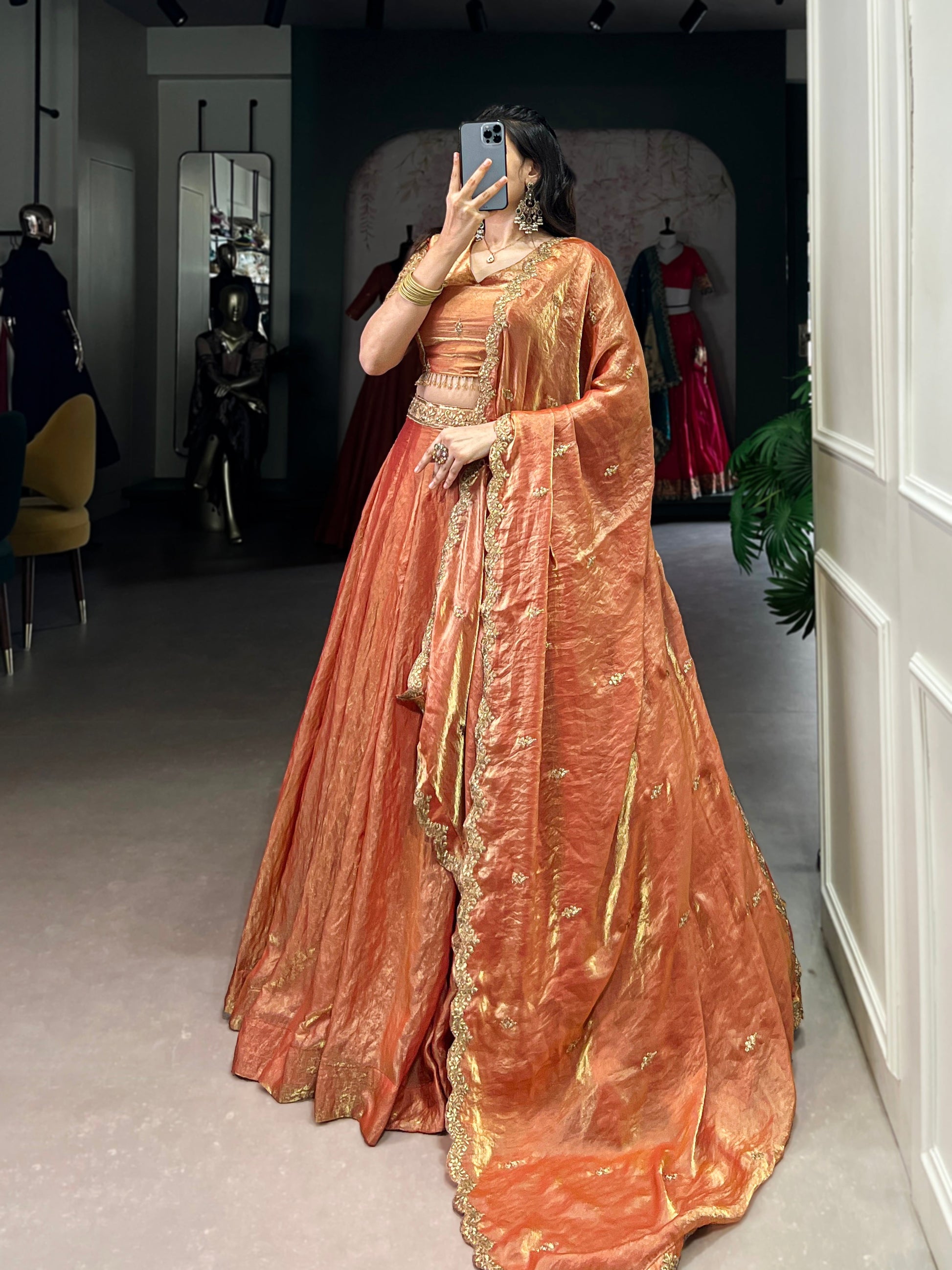 Lorenvalley Rosegold Fendi Silk Sequins and Thread Embroidery Work Belt Lehenga Choli with Dupatta | Swadesiicart
