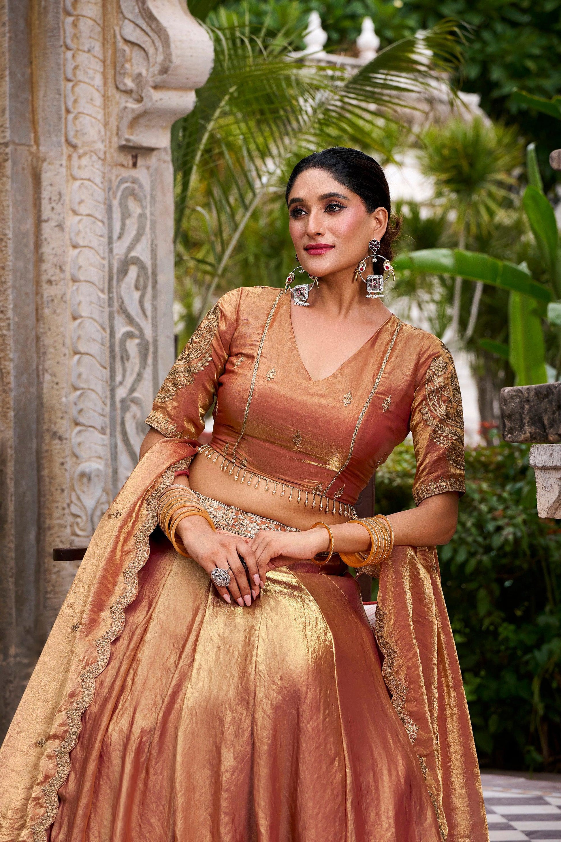 Lorenvalley Fashion Rosegold Fendi Silk Sequins and Thread Embroidery Work Belt Lehenga Choli with Dupatta - Swadesiicart