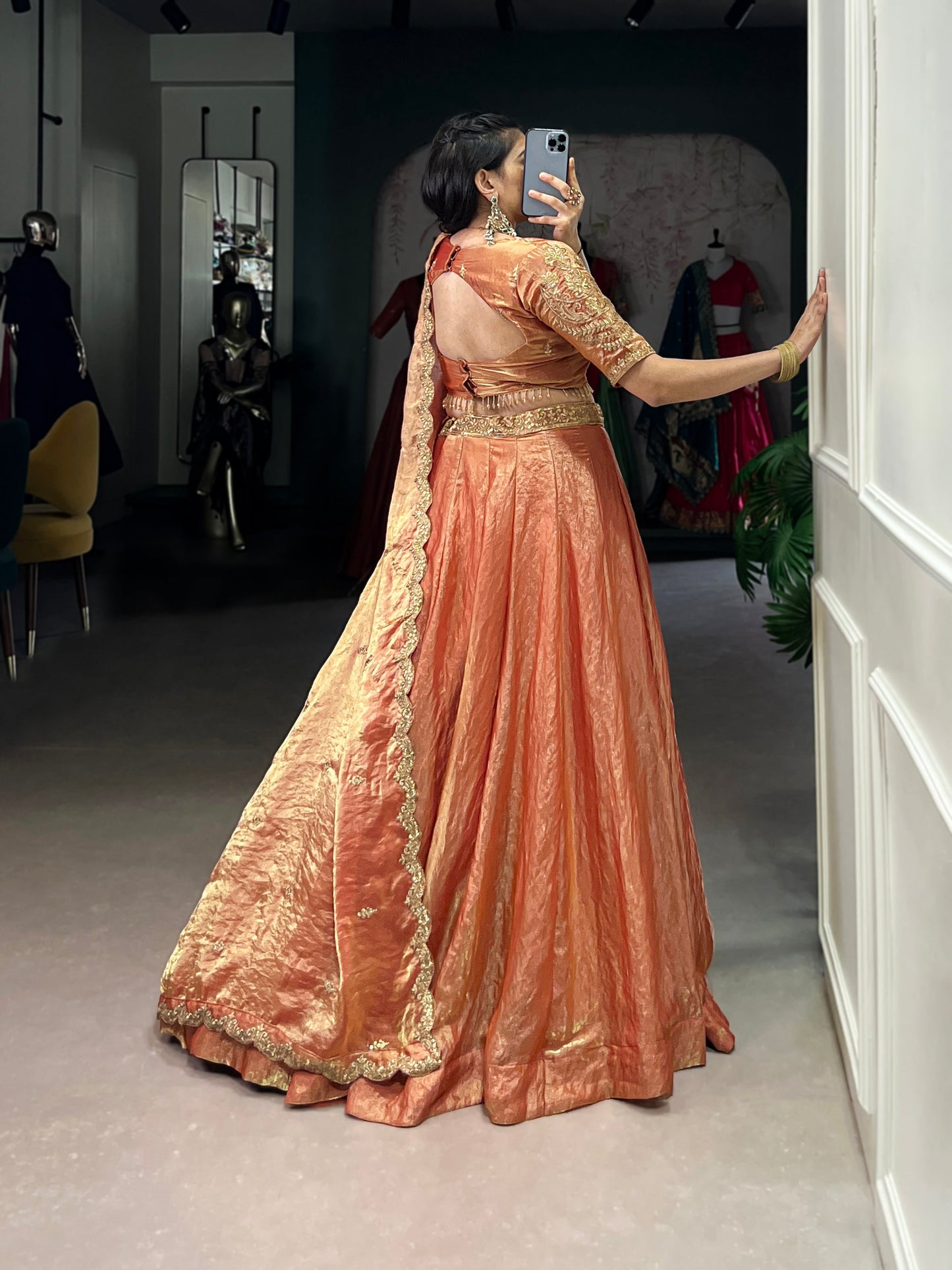 Lorenvalley Rosegold Fendi Silk Sequins and Thread Embroidery Work Belt Lehenga Choli with Dupatta | Swadesiicart