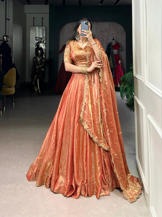 Lorenvalley Rosegold Fendi Silk Sequins and Thread Embroidery Work Belt Lehenga Choli with Dupatta | Swadesiicart