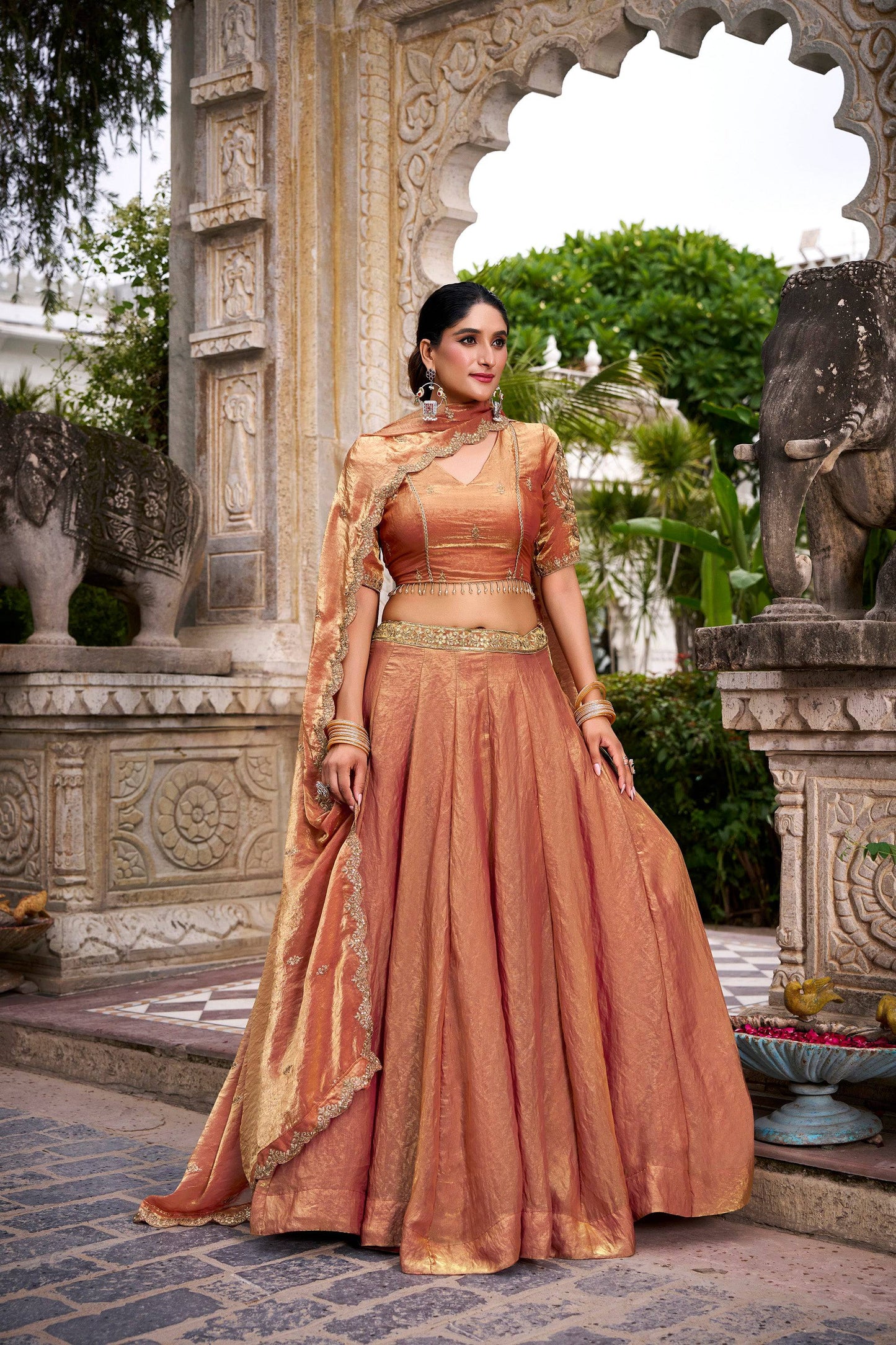 Lorenvalley Fashion Rosegold Fendi Silk Sequins and Thread Embroidery Work Belt Lehenga Choli with Dupatta - Swadesiicart
