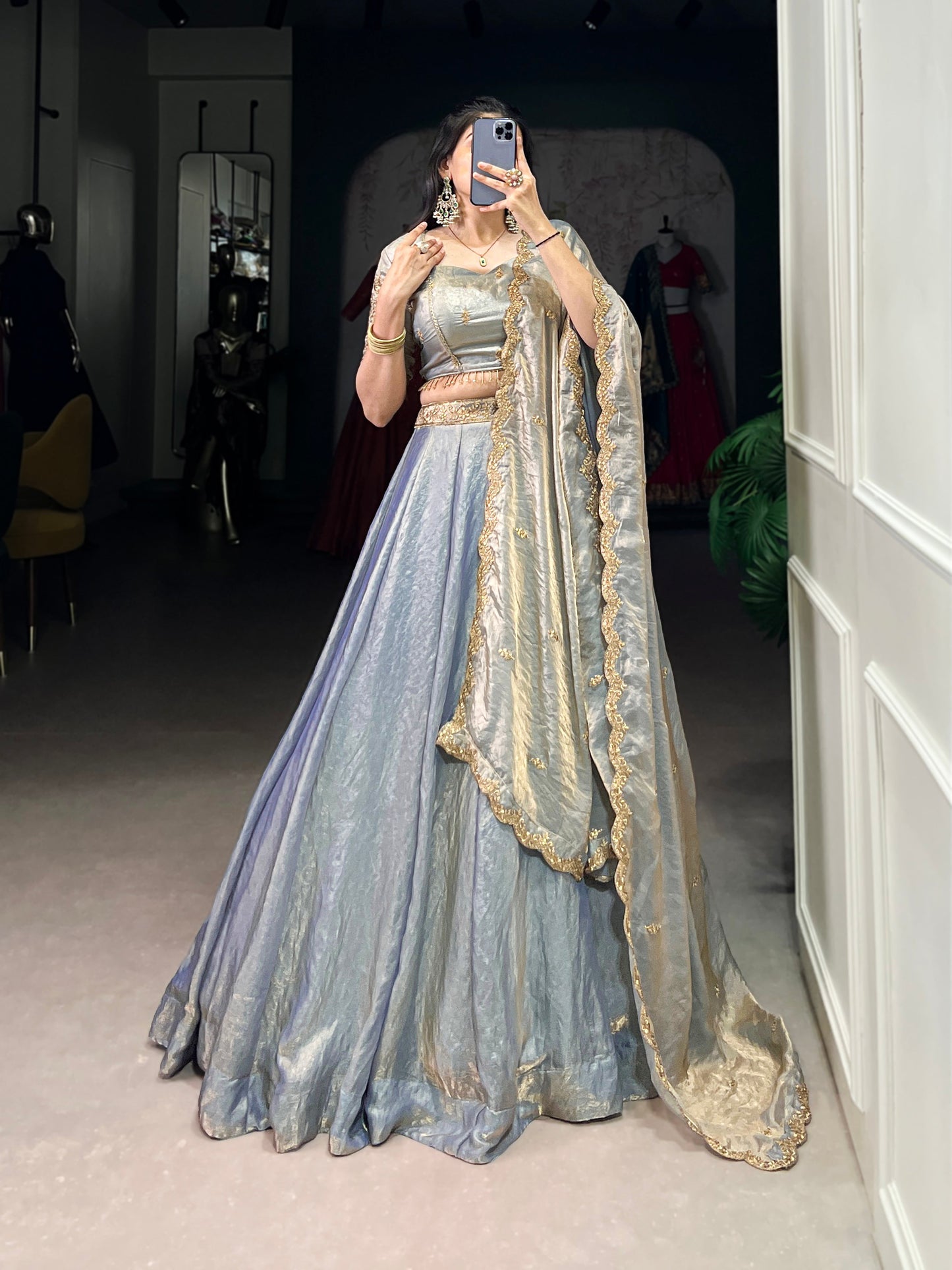 Lorenvalley Skyblue Fendi Silk Sequins and Thread Embroidery Work Belt Lehenga Choli with Dupatta | Swadesiicart