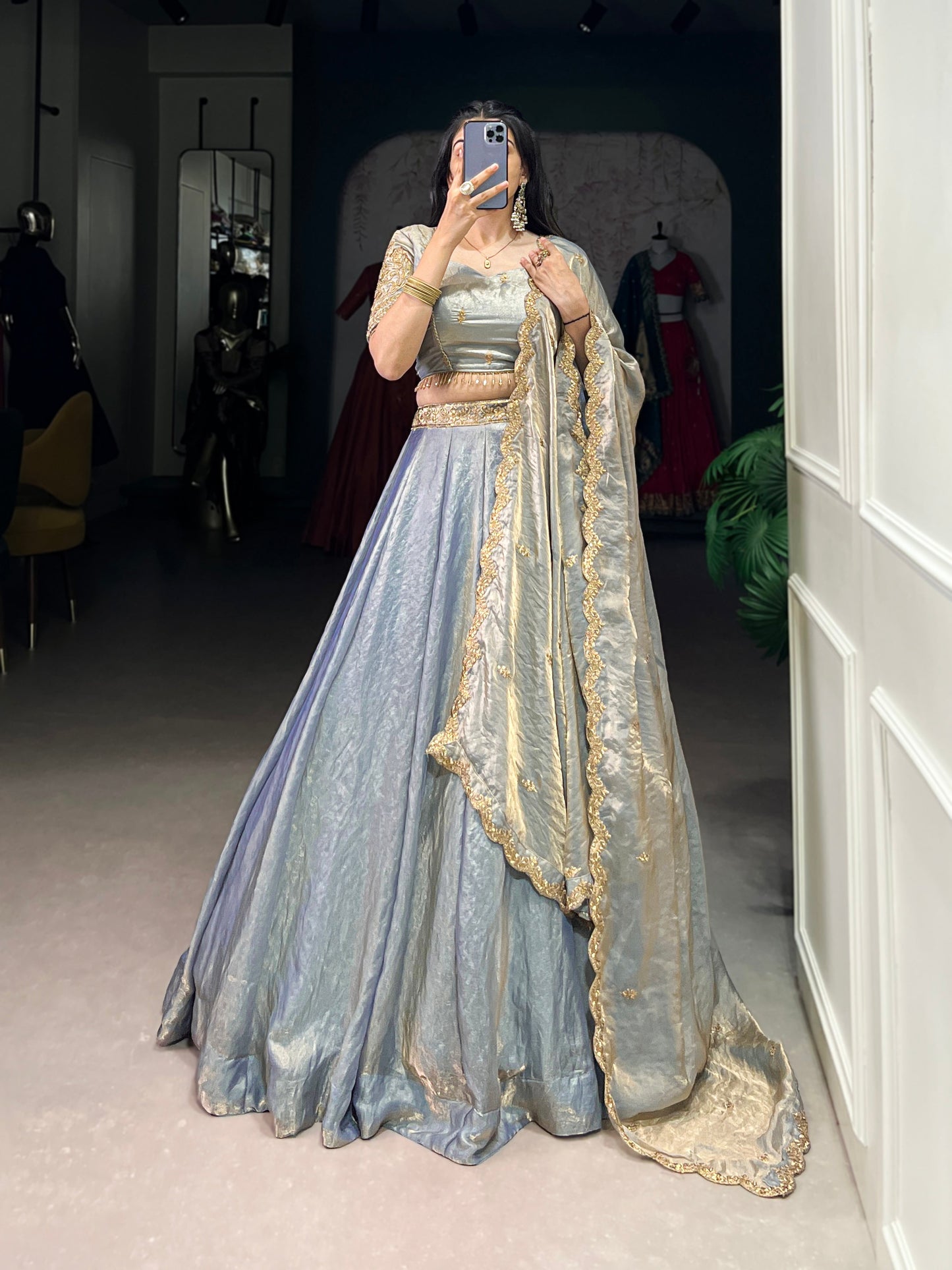 Lorenvalley Skyblue Fendi Silk Sequins and Thread Embroidery Work Belt Lehenga Choli with Dupatta | Swadesiicart