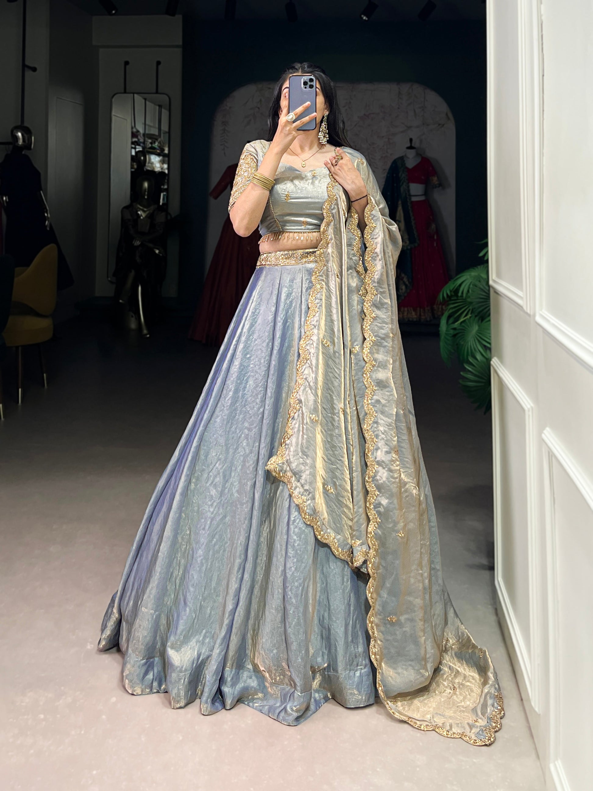Lorenvalley Skyblue Fendi Silk Sequins and Thread Embroidery Work Belt Lehenga Choli with Dupatta | Swadesiicart