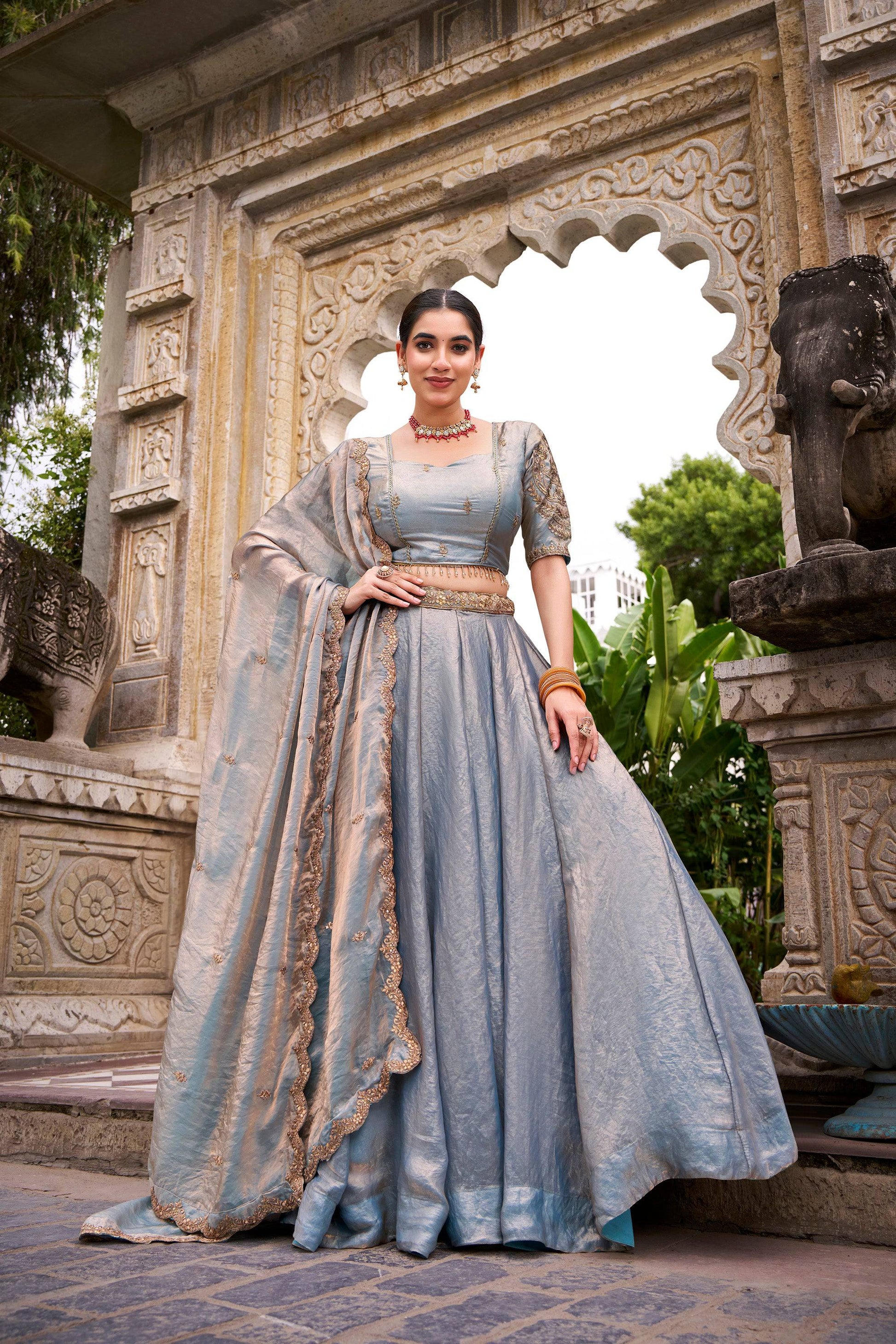 Lorenvalley Fashion Skyblue Fendi Silk Sequins and Thread Embroidery Work Belt Lehenga Choli with Dupatta - Swadesiicart