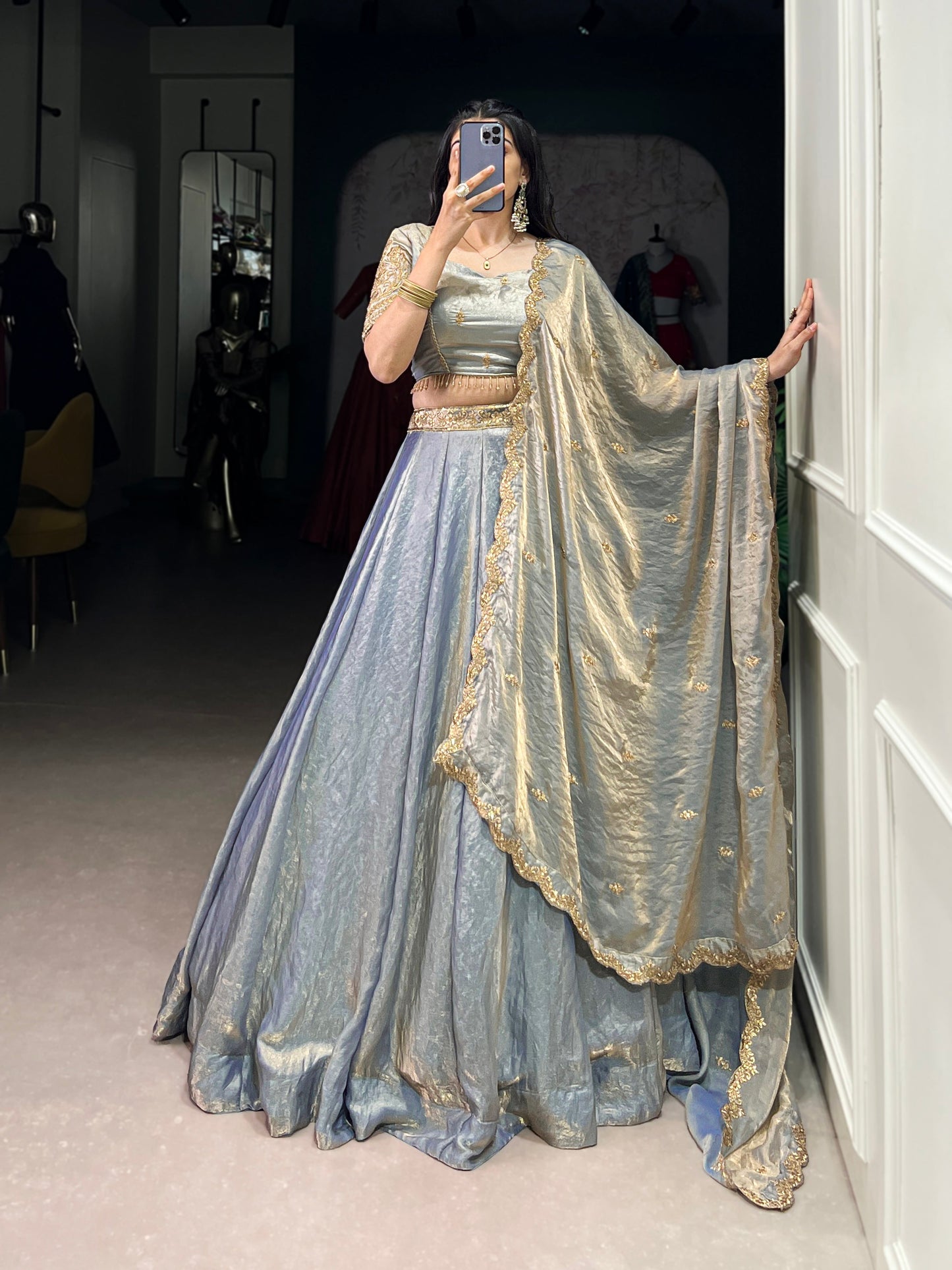 Lorenvalley Skyblue Fendi Silk Sequins and Thread Embroidery Work Belt Lehenga Choli with Dupatta | Swadesiicart