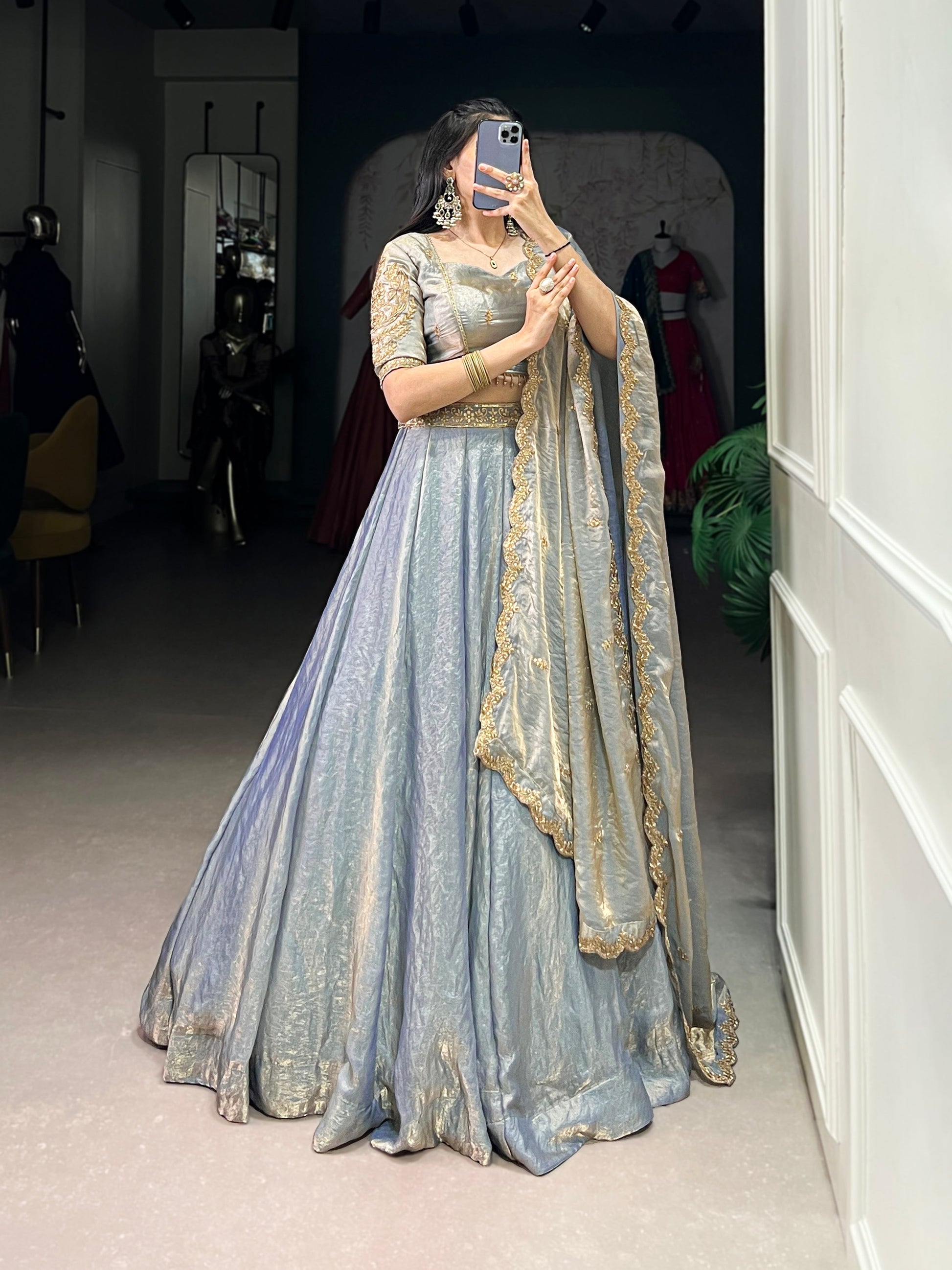 Lorenvalley Skyblue Fendi Silk Sequins and Thread Embroidery Work Belt Lehenga Choli with Dupatta | Swadesiicart