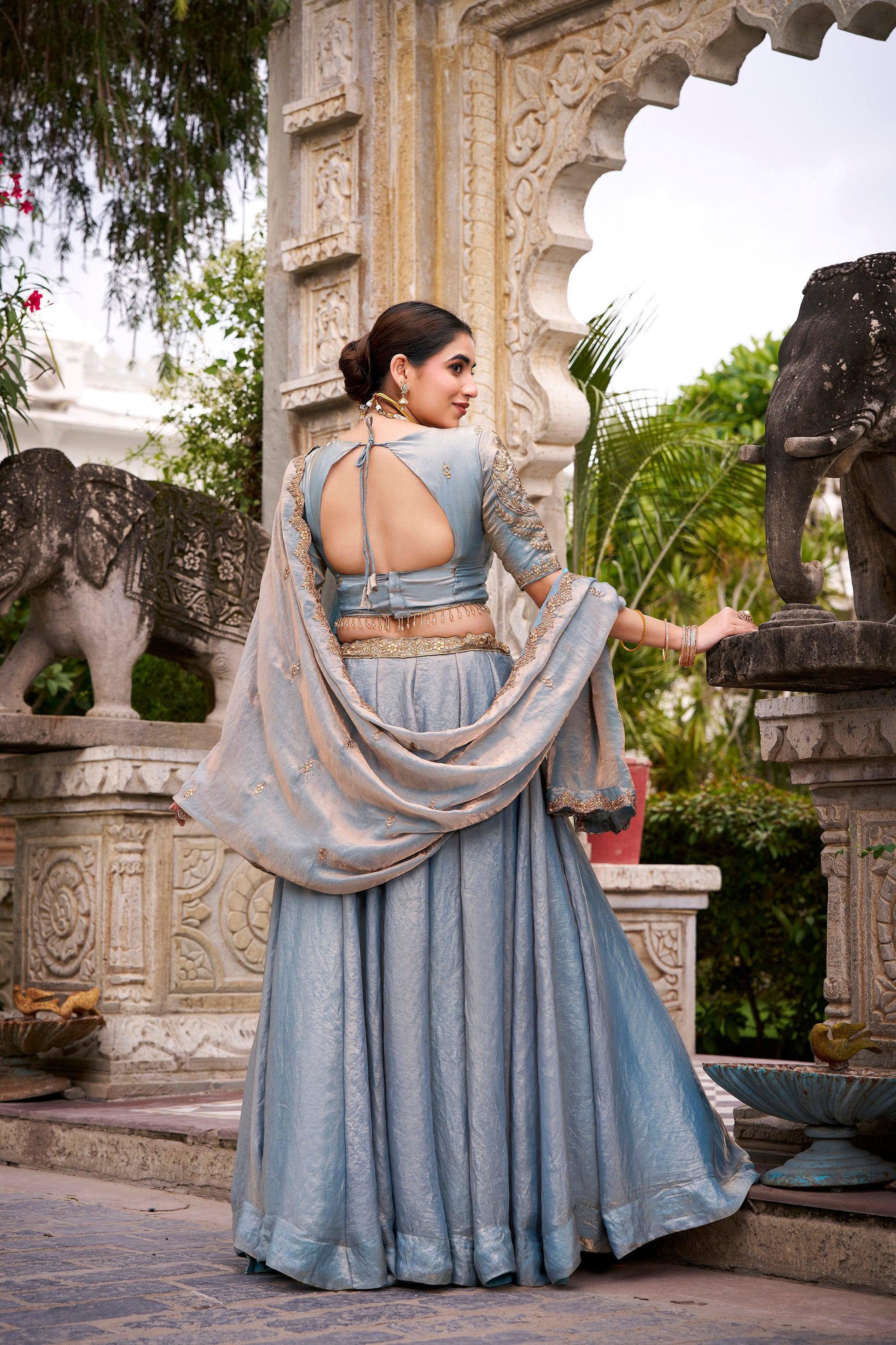 Lorenvalley Fashion Skyblue Fendi Silk Sequins and Thread Embroidery Work Belt Lehenga Choli with Dupatta - Swadesiicart