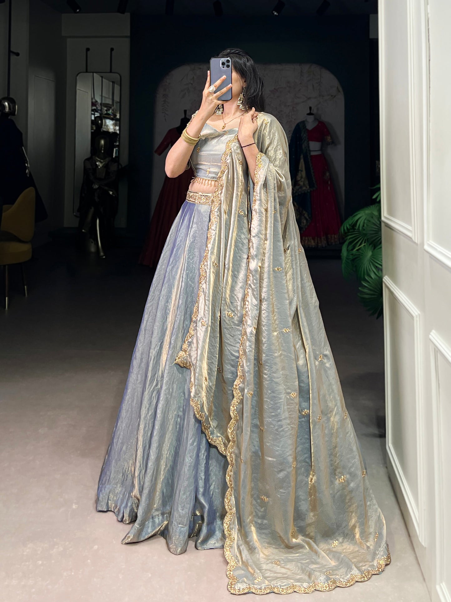 Lorenvalley Skyblue Fendi Silk Sequins and Thread Embroidery Work Belt Lehenga Choli with Dupatta | Swadesiicart