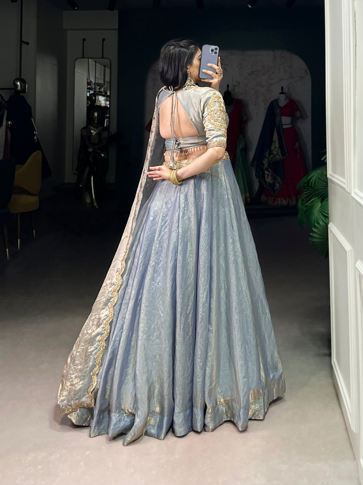 Lorenvalley Skyblue Fendi Silk Sequins and Thread Embroidery Work Belt Lehenga Choli with Dupatta | Swadesiicart