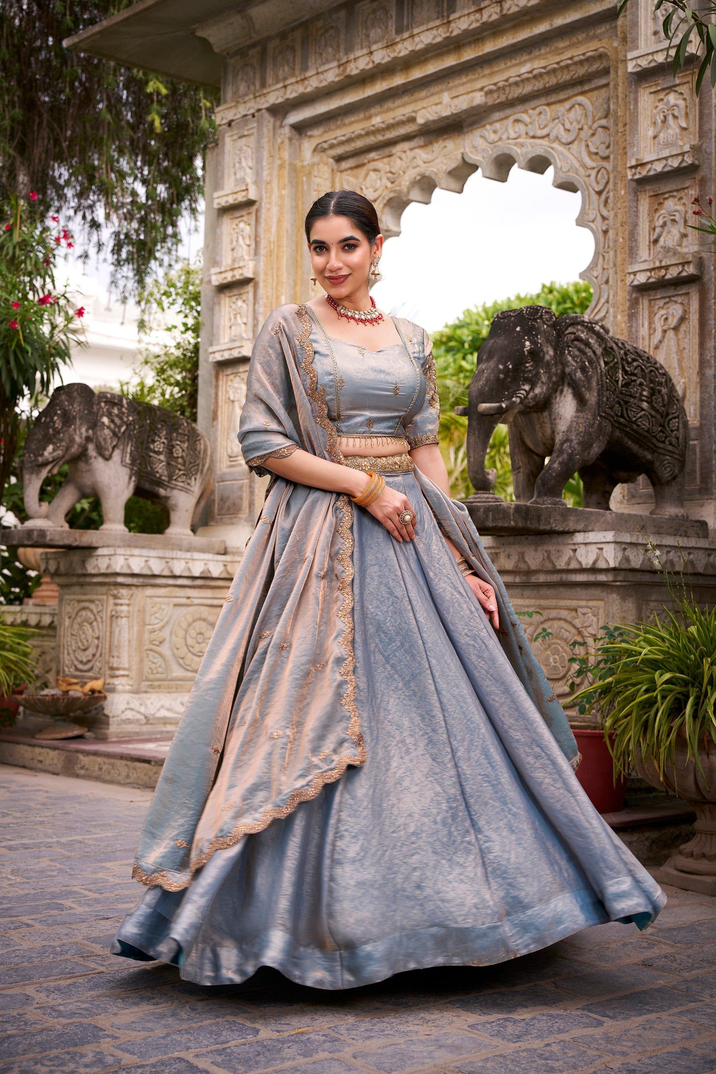 Lorenvalley Fashion Skyblue Fendi Silk Sequins and Thread Embroidery Work Belt Lehenga Choli with Dupatta - Swadesiicart