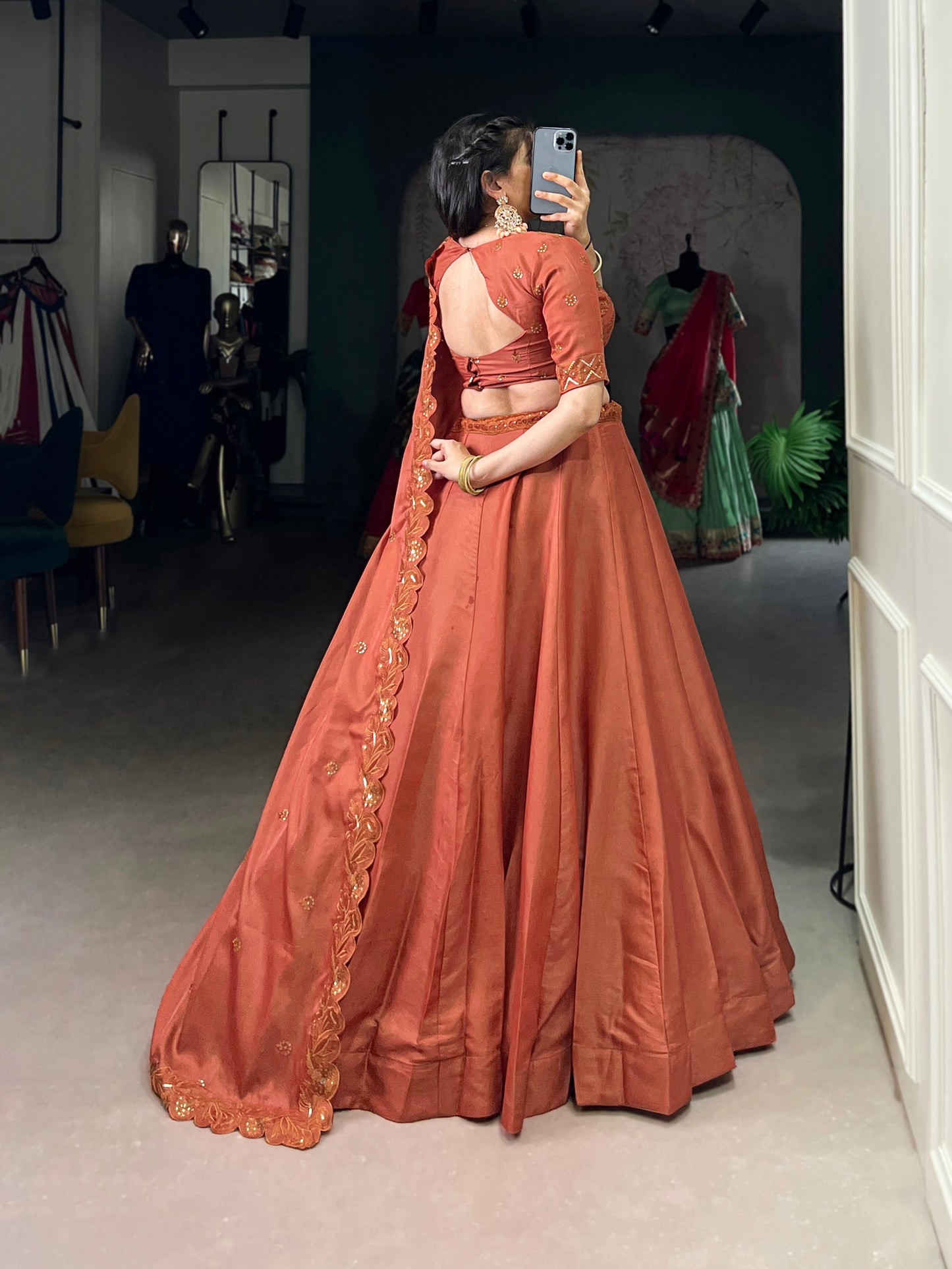 Lorenvalley Orange Pure Tussar Sequins and Thread Embroidery Work Belt Lehenga Choli with Dupatta | Swadesiicart