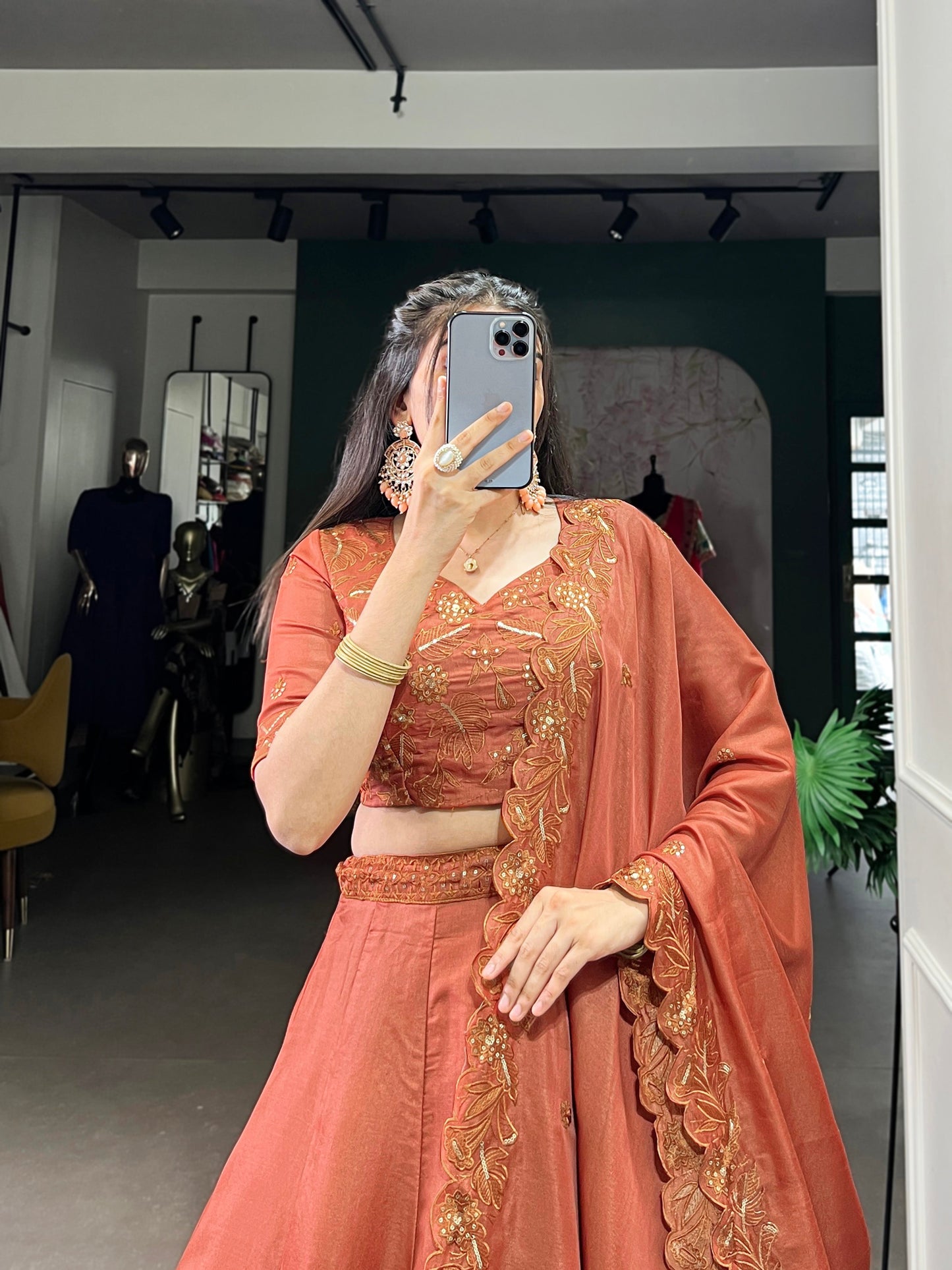 Lorenvalley Orange Pure Tussar Sequins and Thread Embroidery Work Belt Lehenga Choli with Dupatta | Swadesiicart