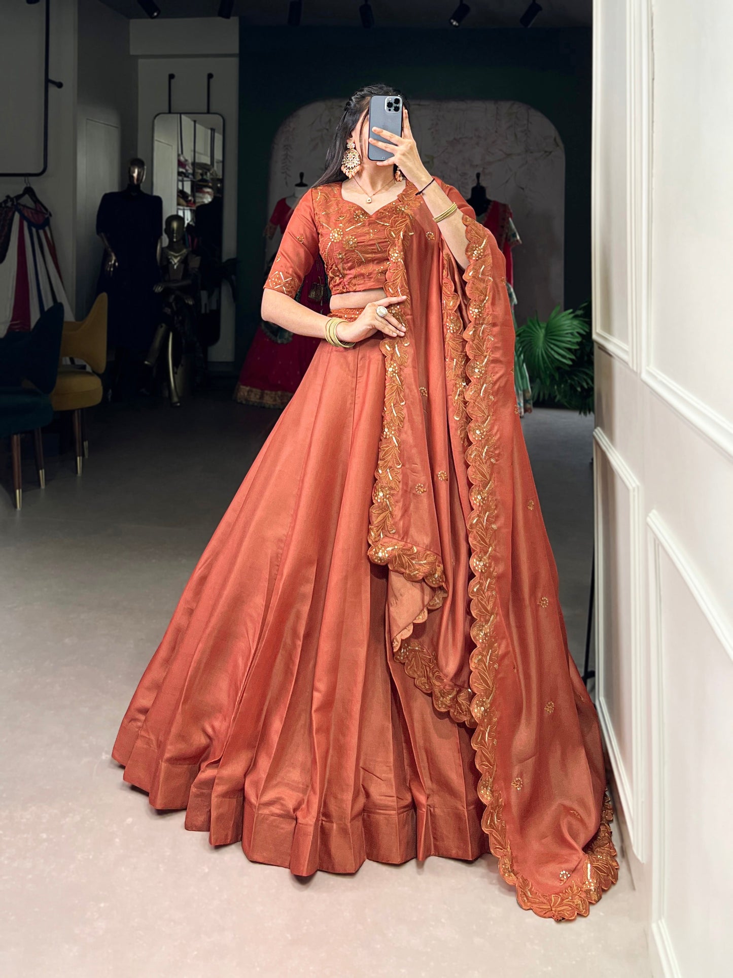 Lorenvalley Orange Pure Tussar Sequins and Thread Embroidery Work Belt Lehenga Choli with Dupatta | Swadesiicart
