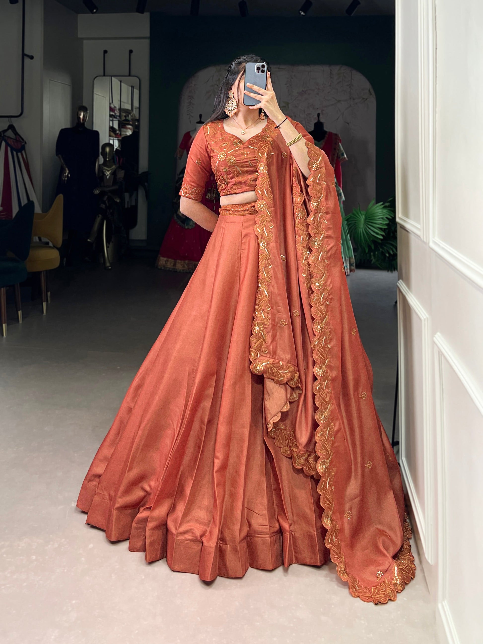 Lorenvalley Orange Pure Tussar Sequins and Thread Embroidery Work Belt Lehenga Choli with Dupatta | Swadesiicart