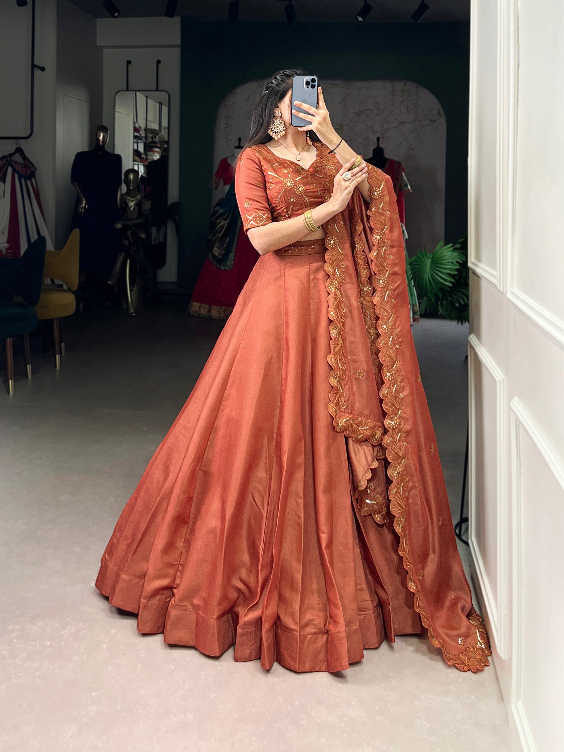 Lorenvalley Orange Pure Tussar Sequins and Thread Embroidery Work Belt Lehenga Choli with Dupatta | Swadesiicart