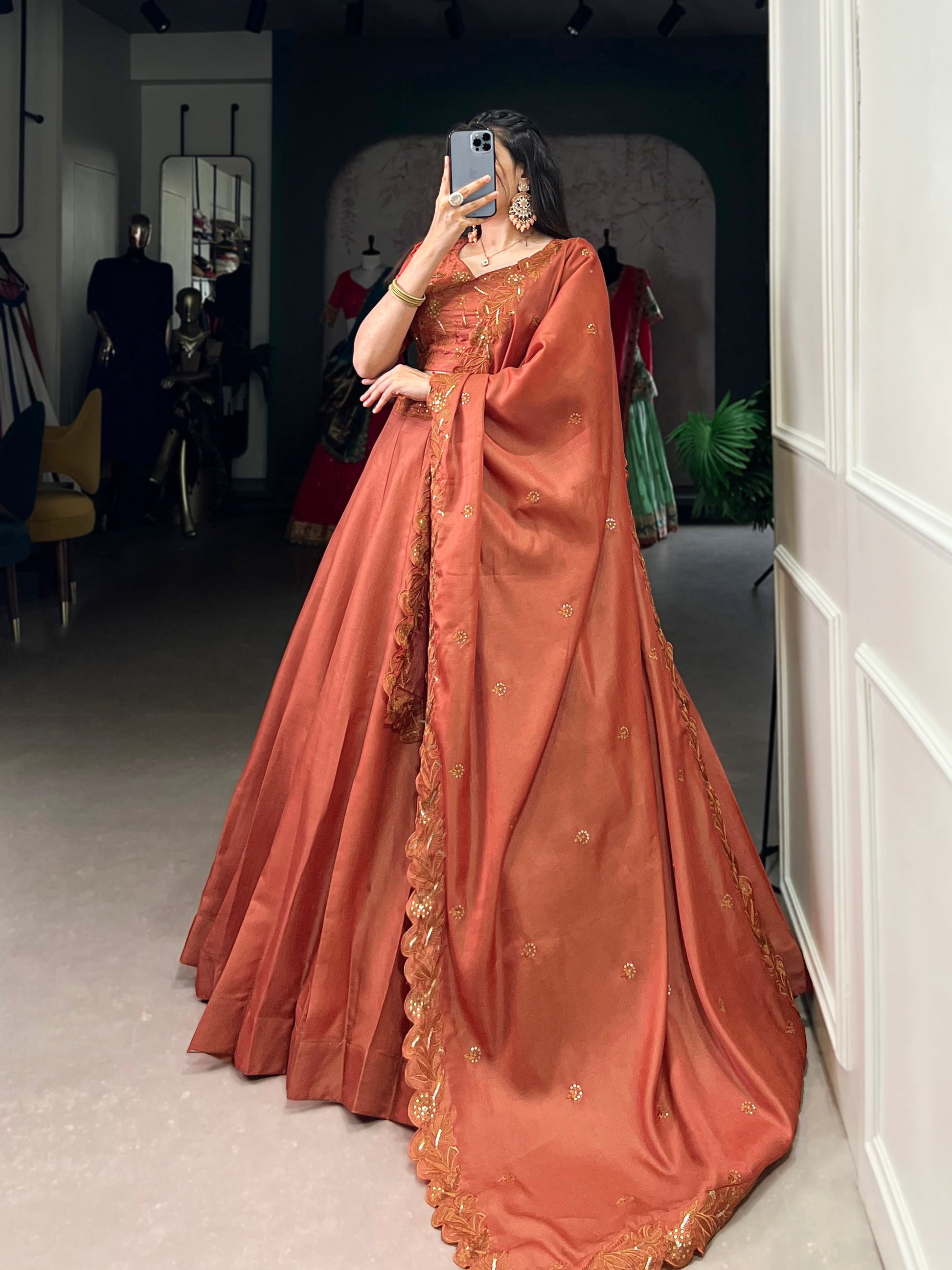 Lorenvalley Orange Pure Tussar Sequins and Thread Embroidery Work Belt Lehenga Choli with Dupatta | Swadesiicart