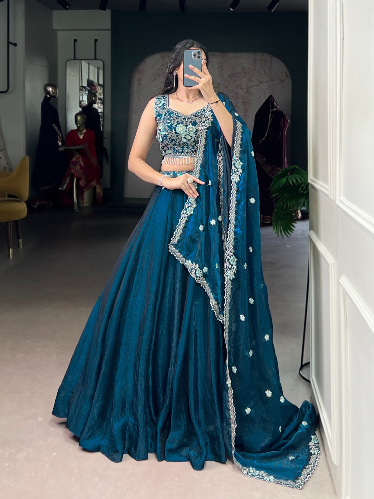 Lorenvalley Fashion Rama Fendi Silk Sequins and Thread Embroidery Work Belt Lehenga Choli with Dupatta | Swadesiicart