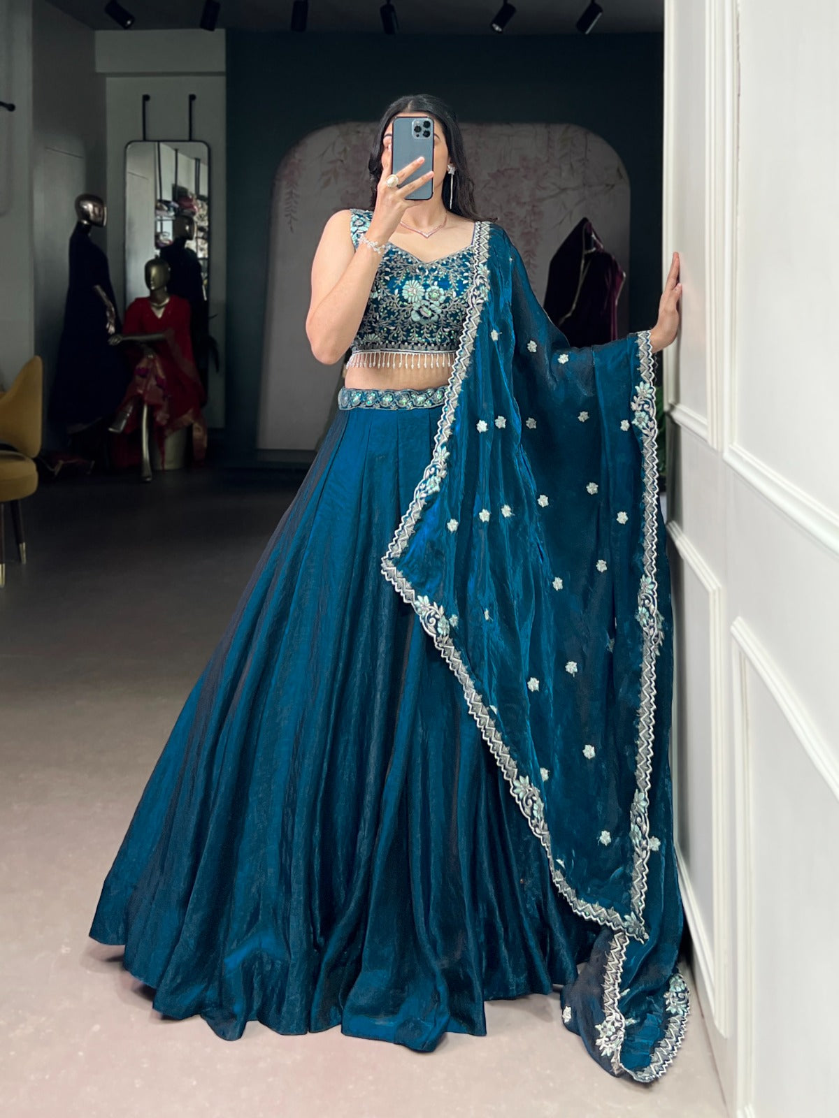 Lorenvalley Fashion Rama Fendi Silk Sequins and Thread Embroidery Work Belt Lehenga Choli with Dupatta | Swadesiicart