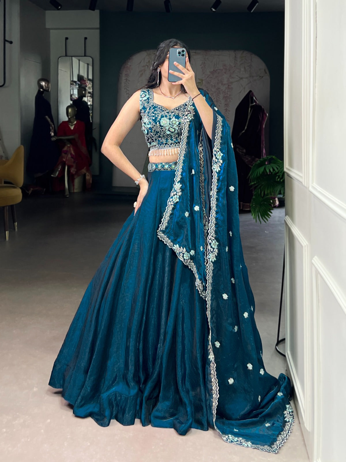 Lorenvalley Fashion Rama Fendi Silk Sequins and Thread Embroidery Work Belt Lehenga Choli with Dupatta | Swadesiicart