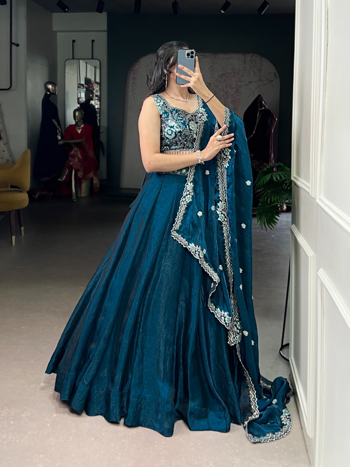 Lorenvalley Fashion Rama Fendi Silk Sequins and Thread Embroidery Work Belt Lehenga Choli with Dupatta | Swadesiicart
