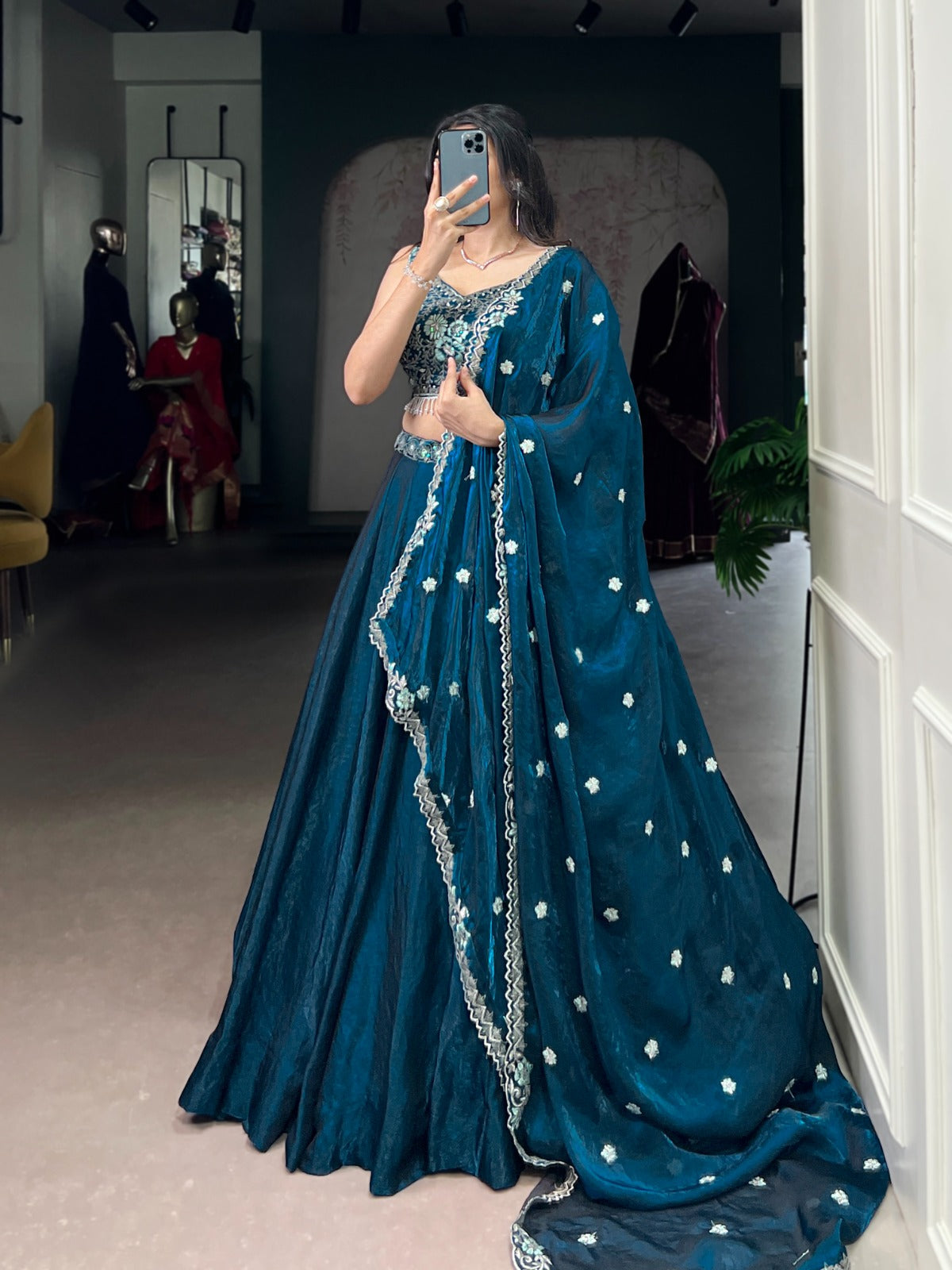 Lorenvalley Fashion Rama Fendi Silk Sequins and Thread Embroidery Work Belt Lehenga Choli with Dupatta | Swadesiicart