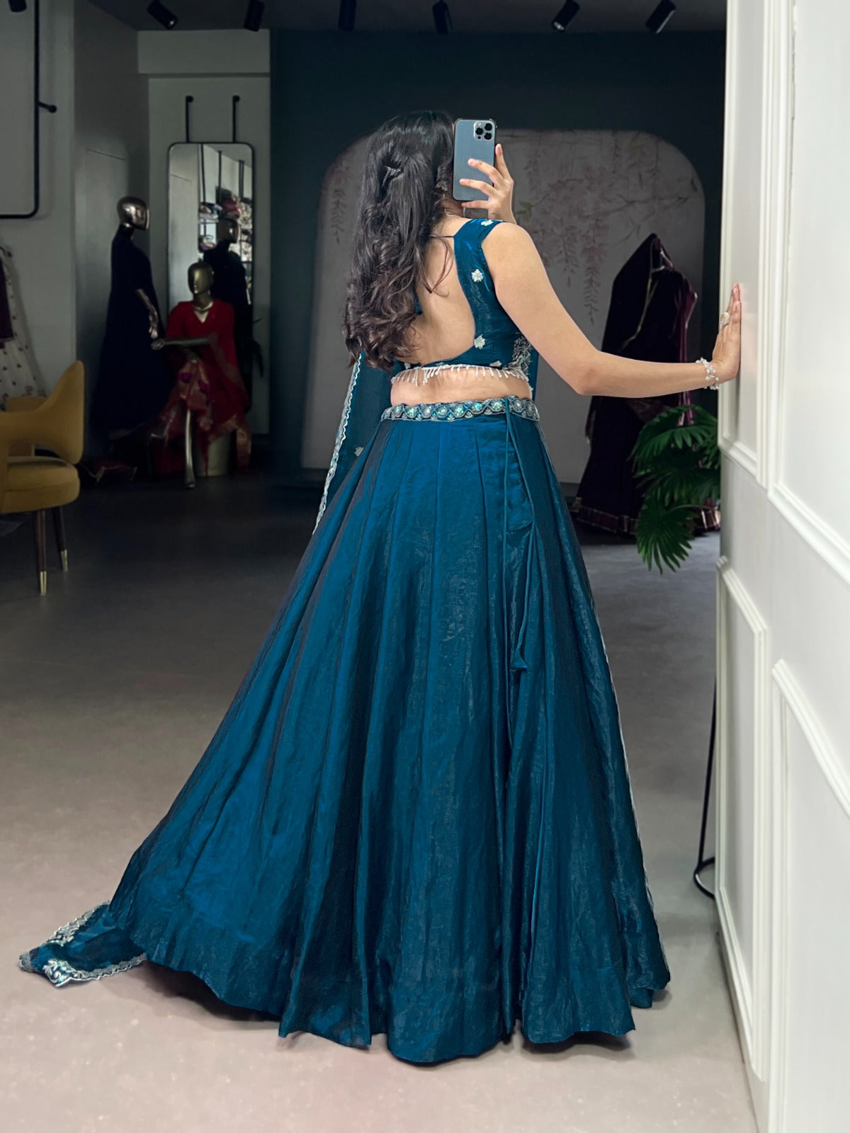 Lorenvalley Fashion Rama Fendi Silk Sequins and Thread Embroidery Work Belt Lehenga Choli with Dupatta | Swadesiicart