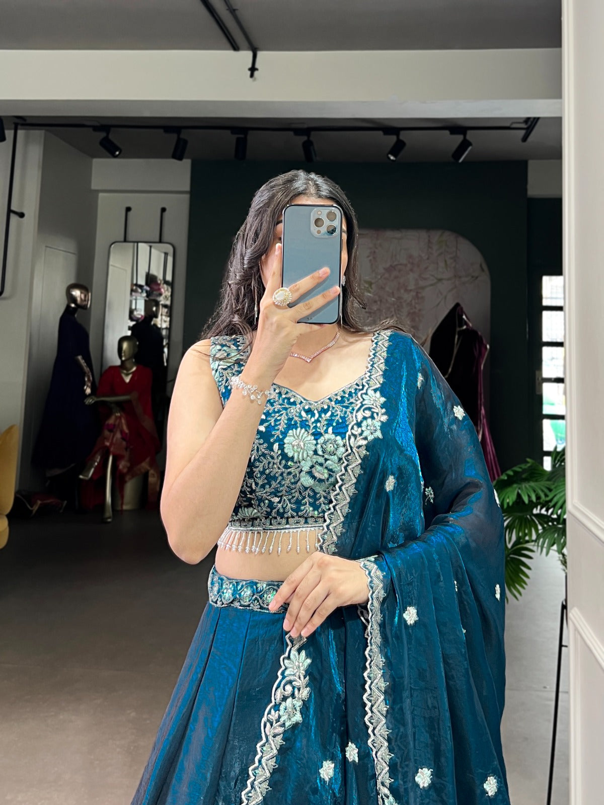 Lorenvalley Fashion Rama Fendi Silk Sequins and Thread Embroidery Work Belt Lehenga Choli with Dupatta | Swadesiicart