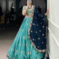Lorenvalley Skyblue Slab Silk Sequins and Thread Embroidery Work Lehenga Choli with Dupatta | Swadesiicart