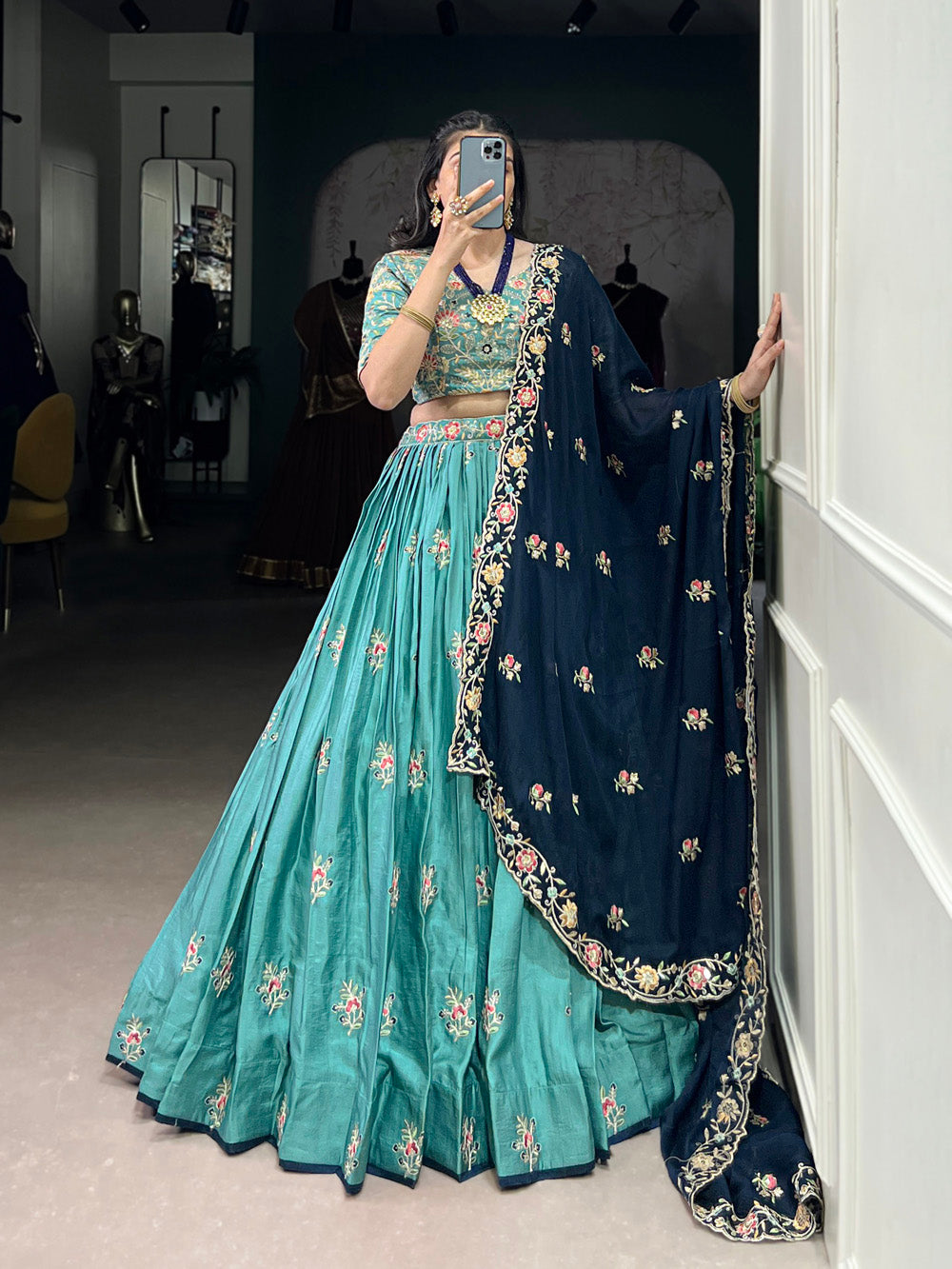 Lorenvalley Skyblue Slab Silk Sequins and Thread Embroidery Work Lehenga Choli with Dupatta | Swadesiicart