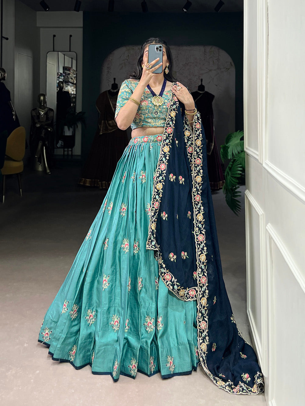 Lorenvalley Skyblue Slab Silk Sequins and Thread Embroidery Work Lehenga Choli with Dupatta | Swadesiicart