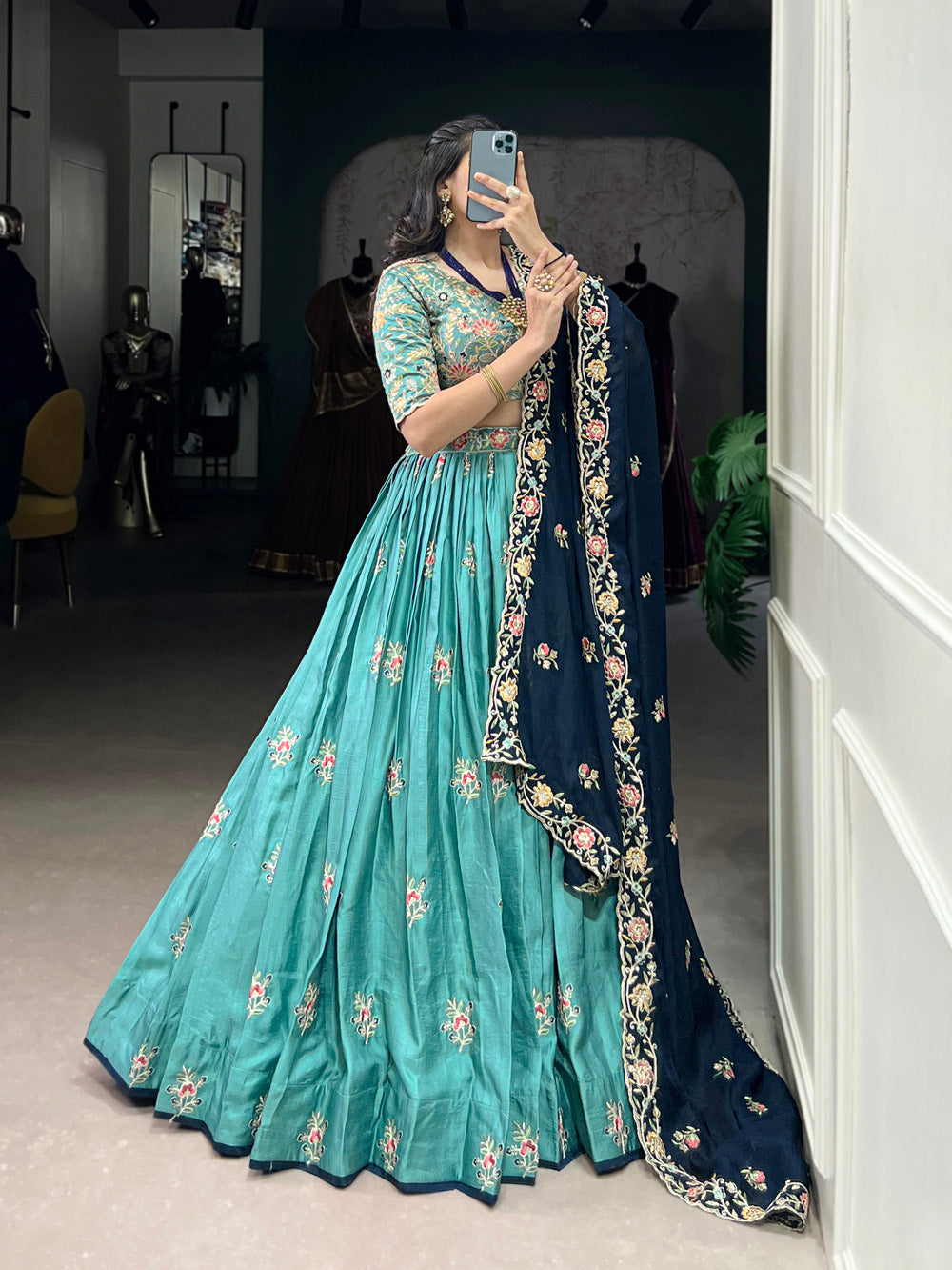 Lorenvalley Skyblue Slab Silk Sequins and Thread Embroidery Work Lehenga Choli with Dupatta | Swadesiicart