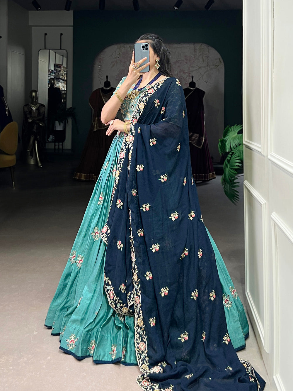 Lorenvalley Skyblue Slab Silk Sequins and Thread Embroidery Work Lehenga Choli with Dupatta | Swadesiicart