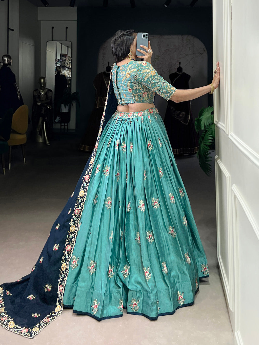 Lorenvalley Skyblue Slab Silk Sequins and Thread Embroidery Work Lehenga Choli with Dupatta | Swadesiicart