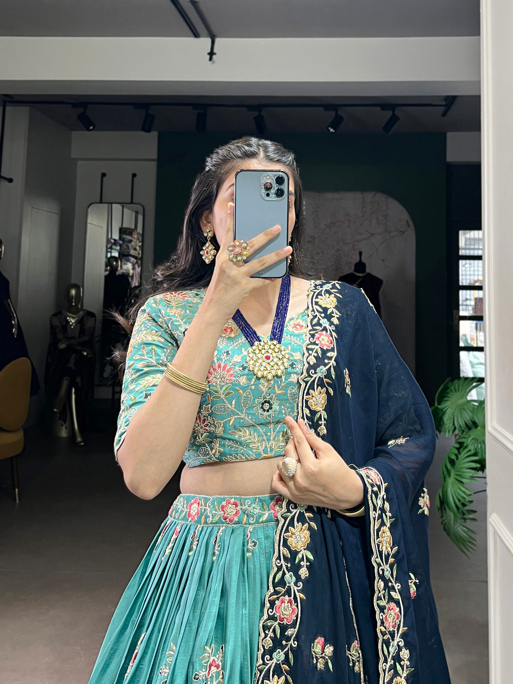 Lorenvalley Skyblue Slab Silk Sequins and Thread Embroidery Work Lehenga Choli with Dupatta | Swadesiicart
