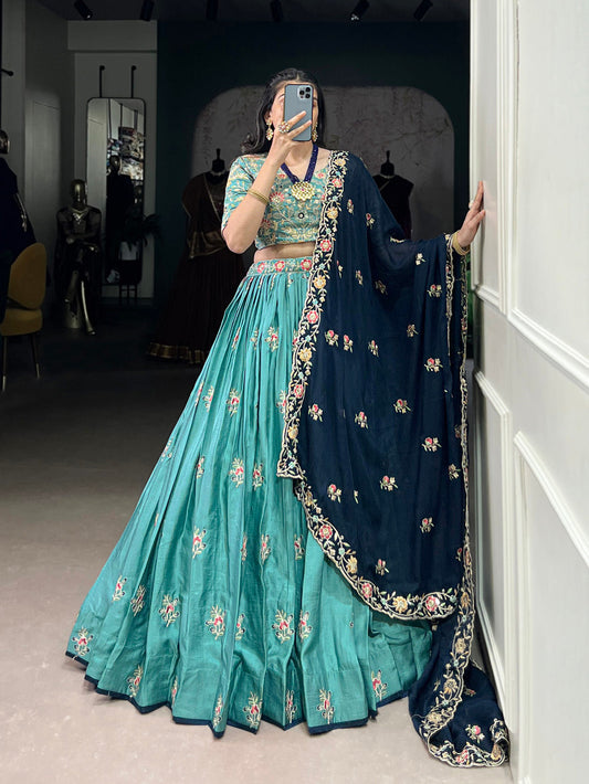 Lorenvalley Skyblue Slab Silk Sequins and Thread Embroidery Work Lehenga Choli with Dupatta | Swadesiicart