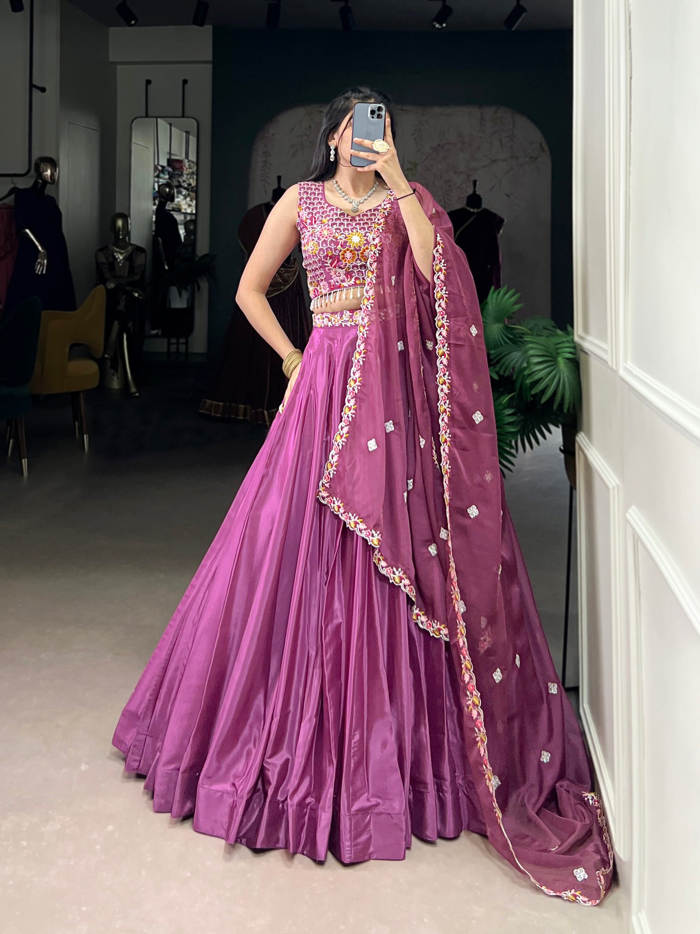 Lorenvalley Pink Silk Crepe Sequins and Thread Embroidery Work Belt Lehenga Choli with Dupatta | Swadesiicart