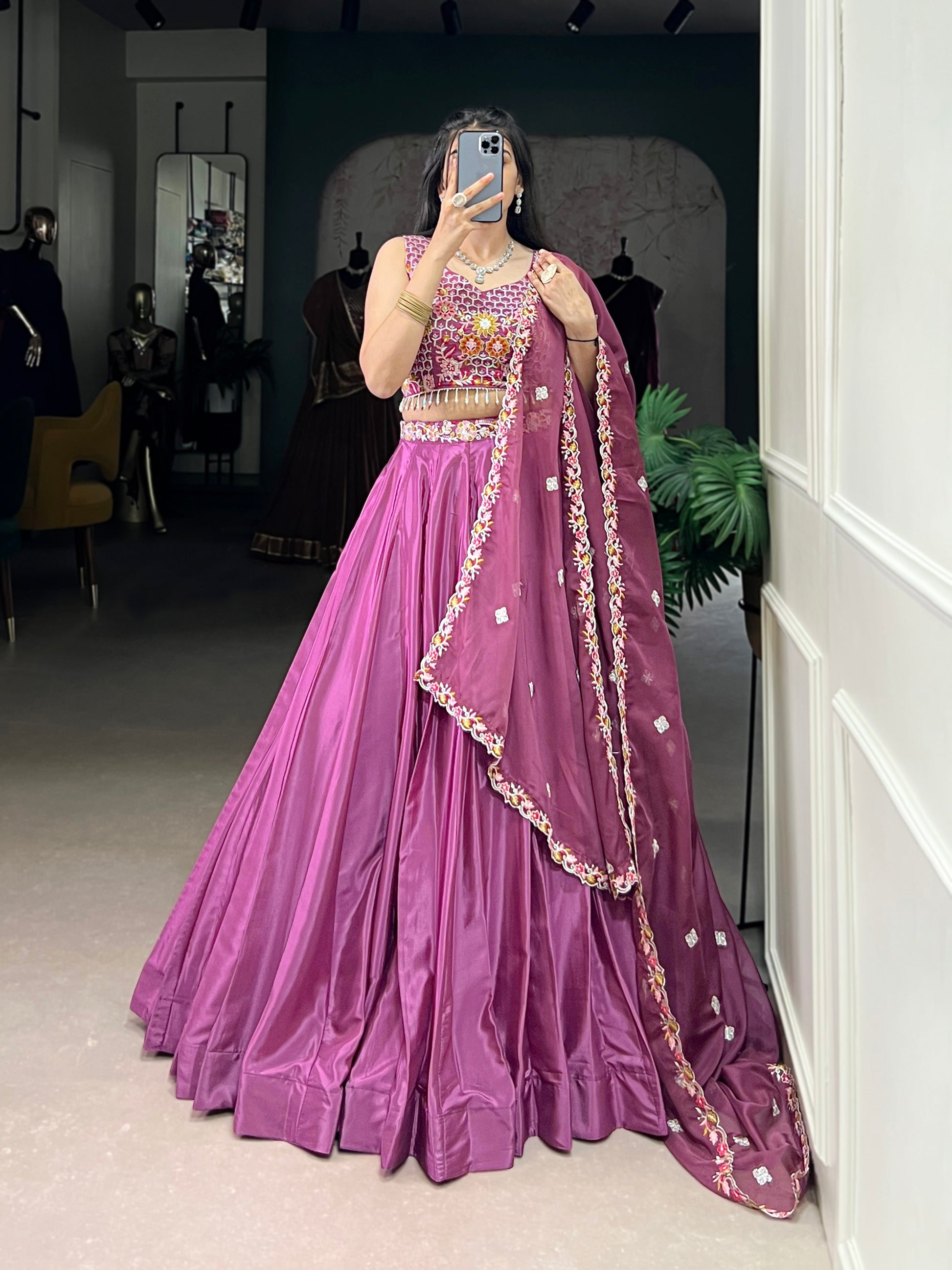 Lorenvalley Pink Silk Crepe Sequins and Thread Embroidery Work Belt Lehenga Choli with Dupatta | Swadesiicart