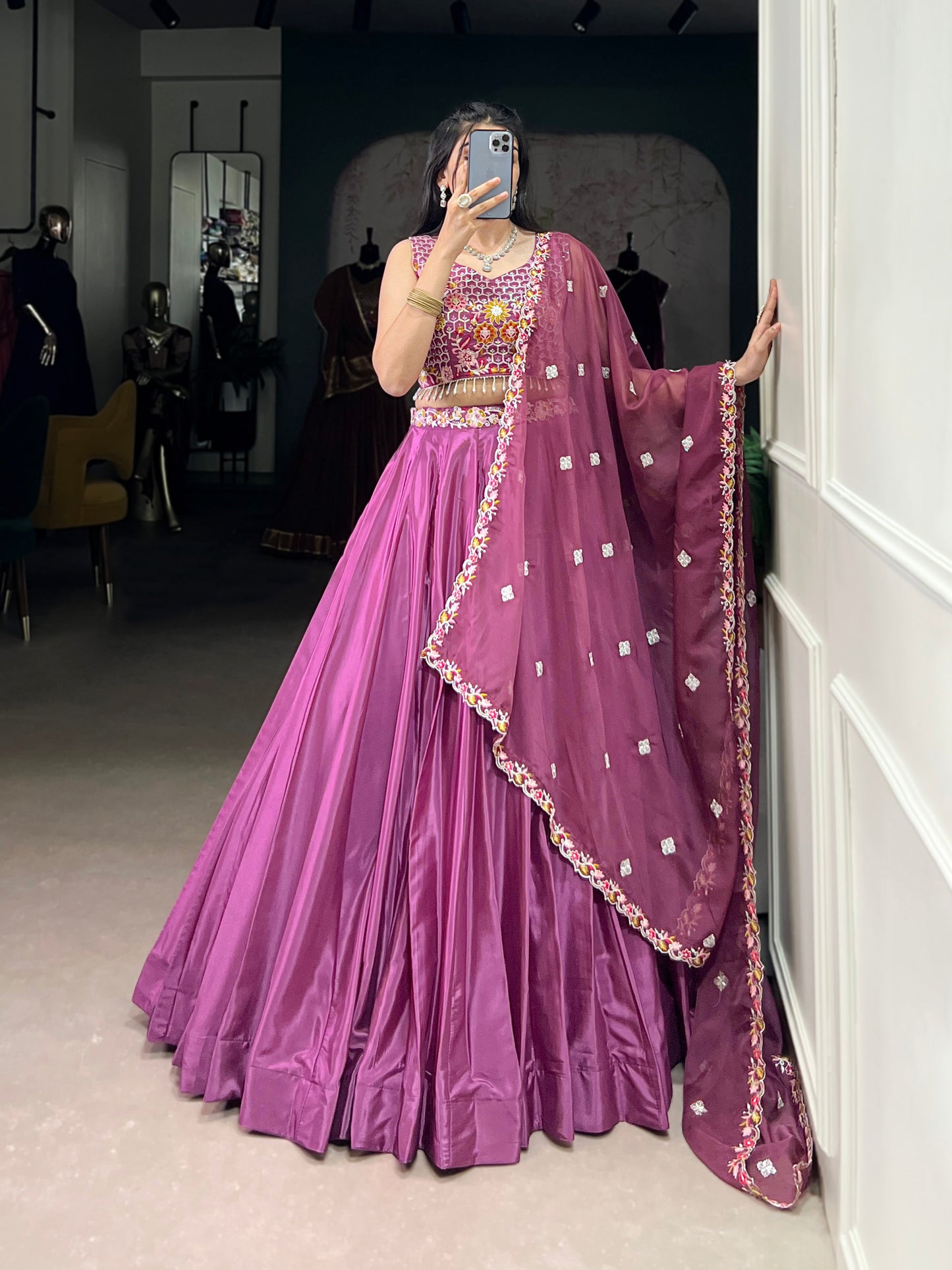 Lorenvalley Pink Silk Crepe Sequins and Thread Embroidery Work Belt Lehenga Choli with Dupatta | Swadesiicart