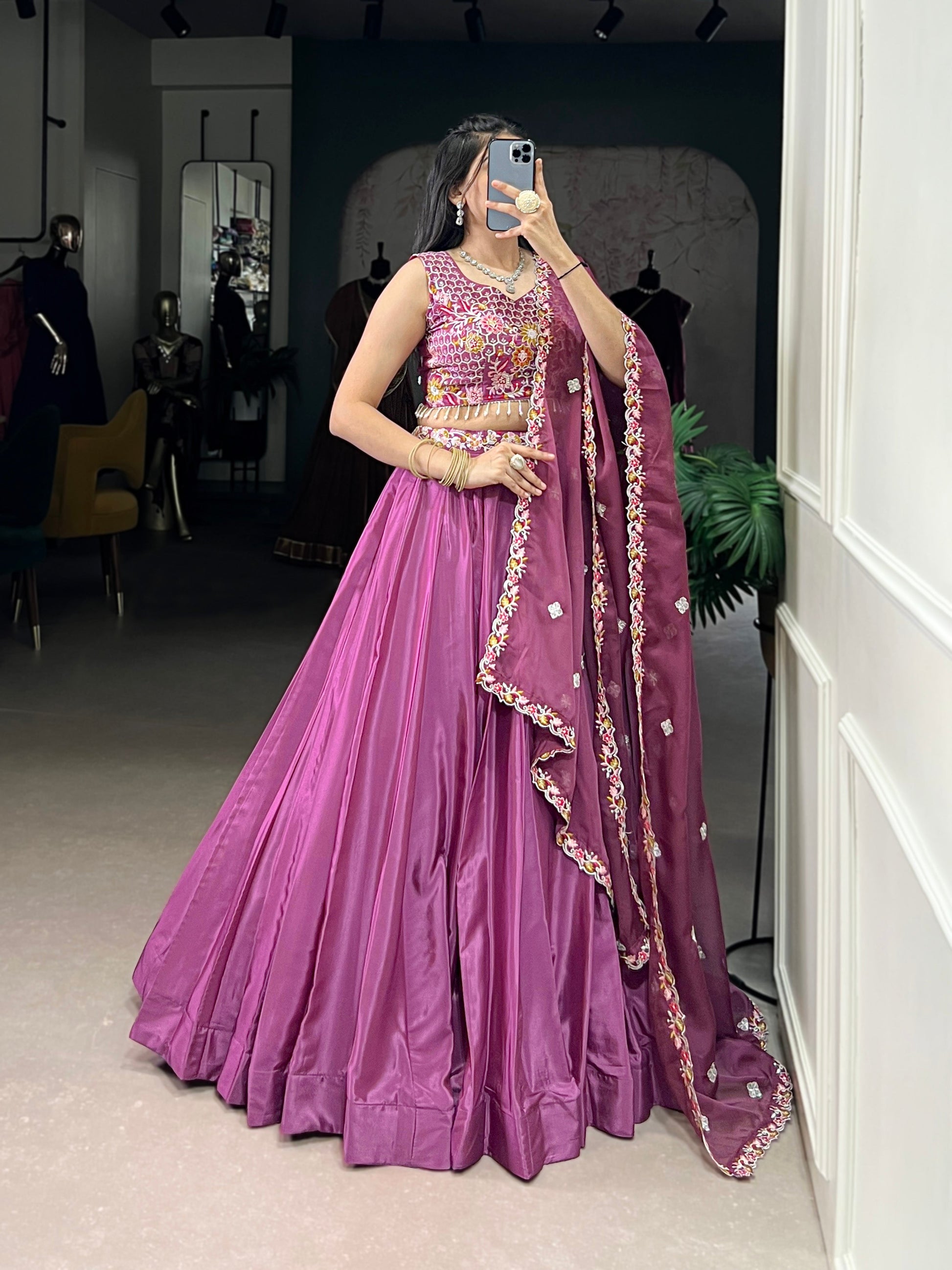 Lorenvalley Pink Silk Crepe Sequins and Thread Embroidery Work Belt Lehenga Choli with Dupatta | Swadesiicart