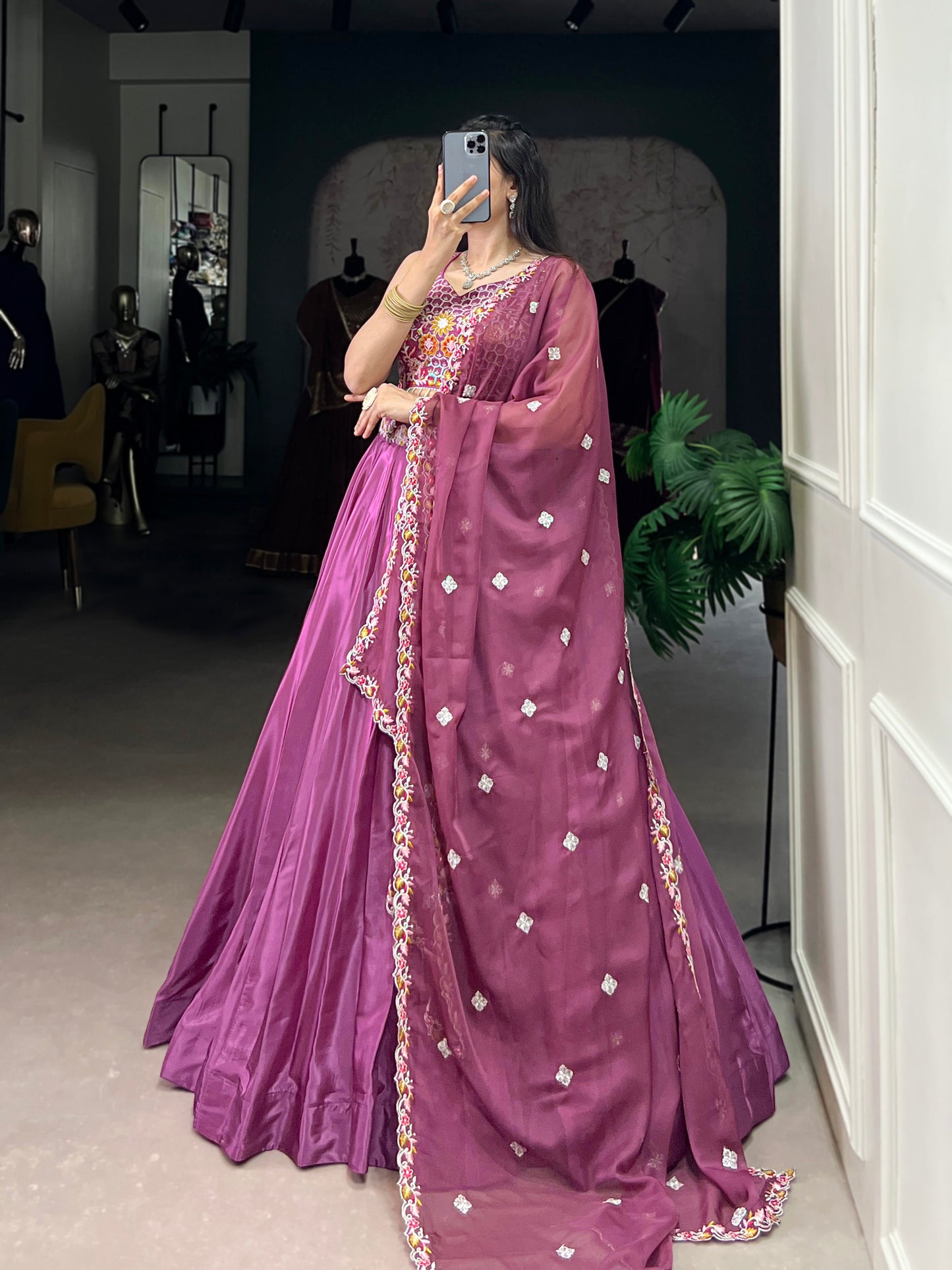 Lorenvalley Pink Silk Crepe Sequins and Thread Embroidery Work Belt Lehenga Choli with Dupatta | Swadesiicart