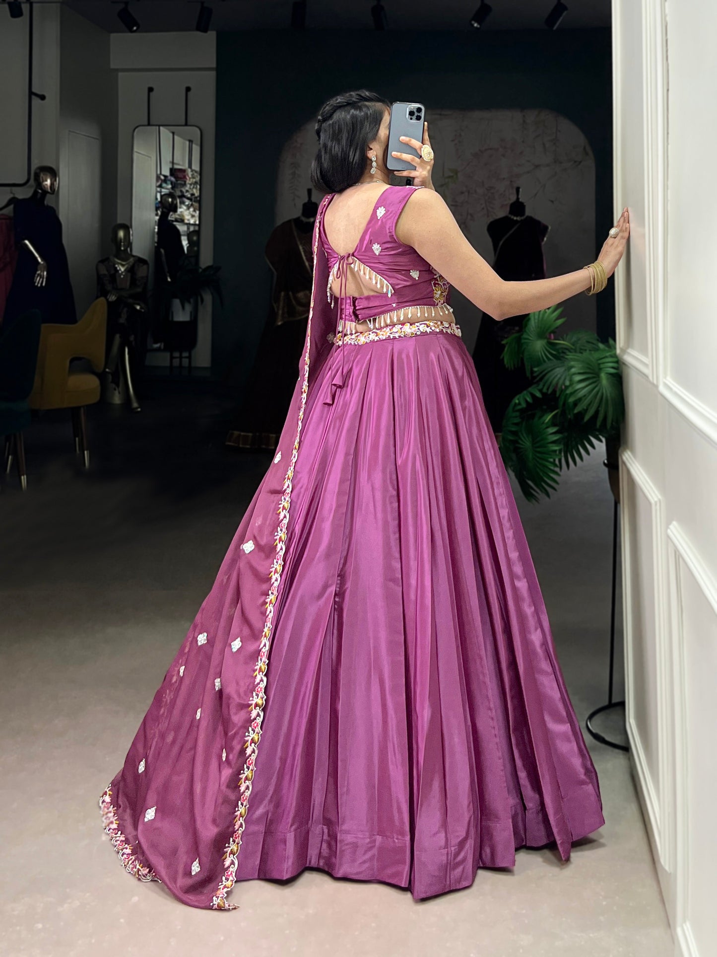 Lorenvalley Pink Silk Crepe Sequins and Thread Embroidery Work Belt Lehenga Choli with Dupatta | Swadesiicart
