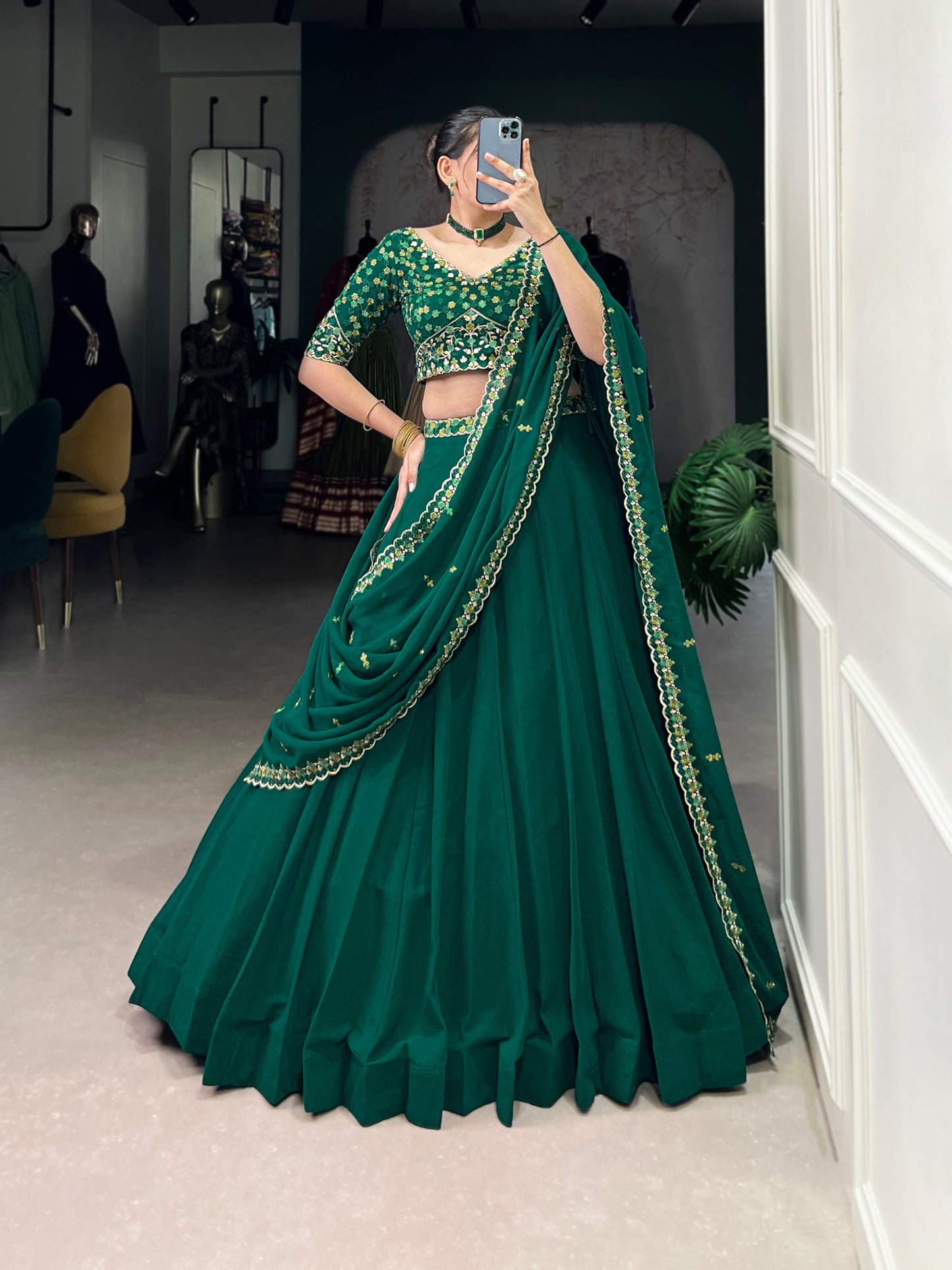 Lorenvalley Fashion Green Georgette Thread Embroidery Work Belt Lehenga Choli with Dupatta | Swadesiicart